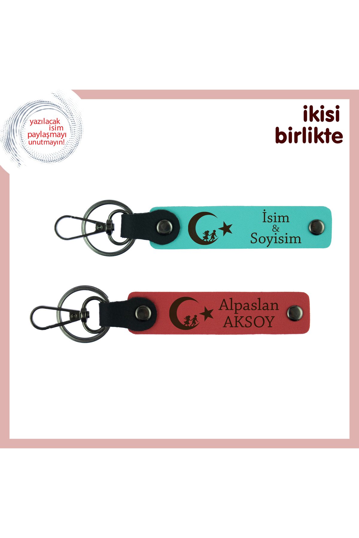 Miaju Kalbinin Sahibine Milli Ruhlu Hediye – Çocuk Ve Ayyıldız Anahtarlık x2 Set, Turkuaz-Nar Çiçeği