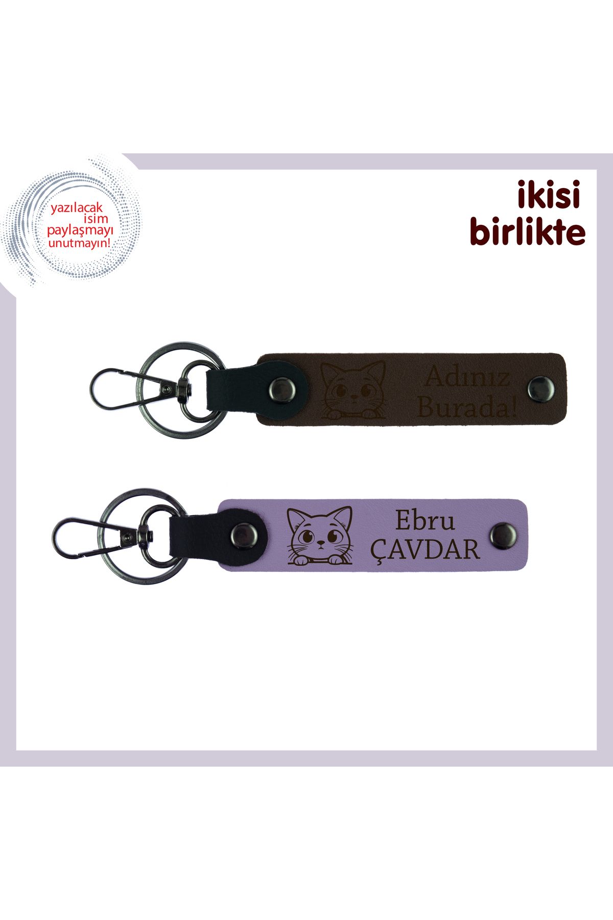 Miaju Minik Patilerin Evi Sıcacık Yaptığı Anılara, Kedili Anahtarlık 2’li Set, Koyu Kahve-Mor Menekşe