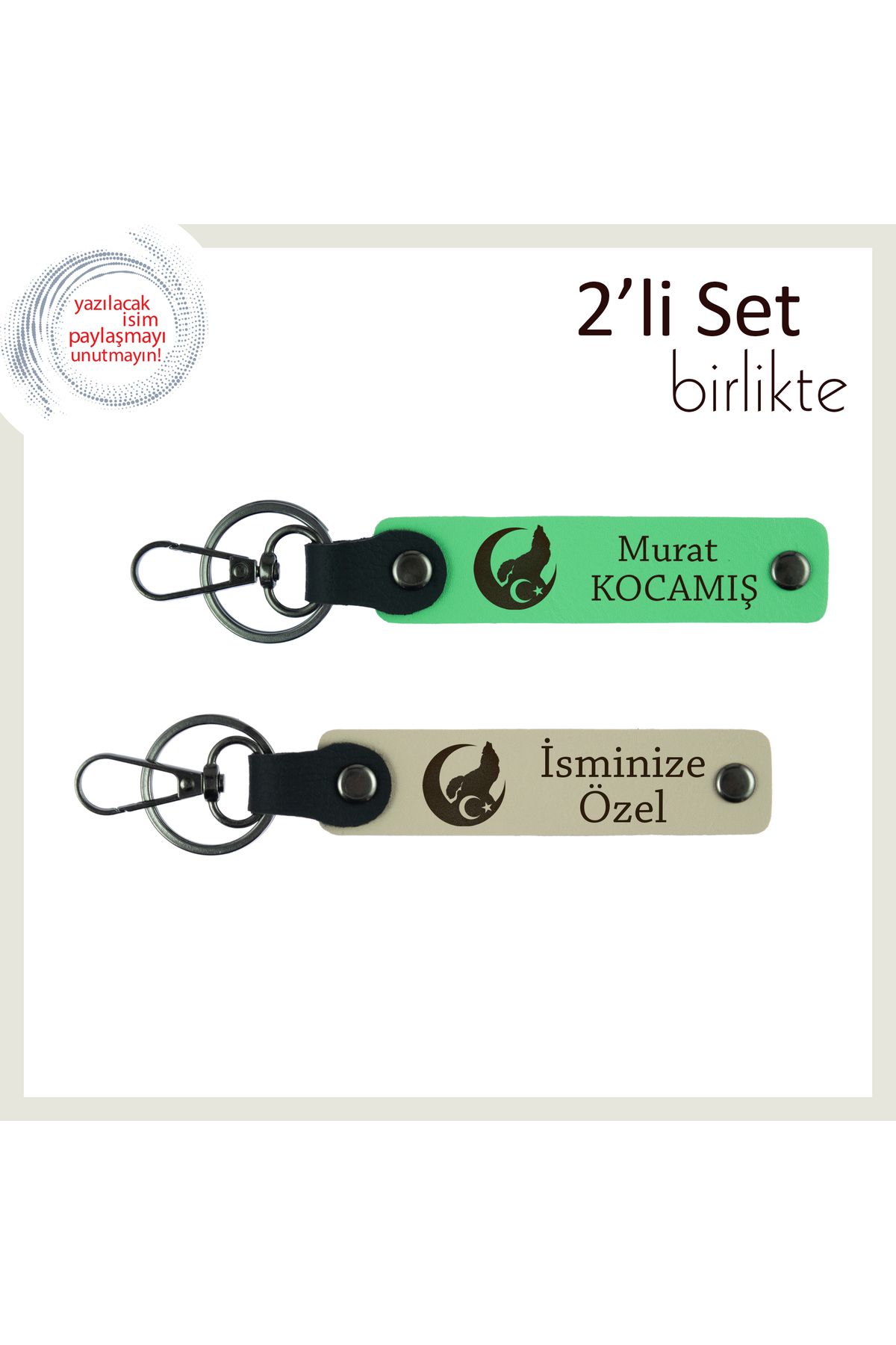 Miaju Memura Özel Hediye – Bozkurt Ve Ayyıldız İsimli 2’li Anahtarlık Seti, Fıstık Yeşil-Sütlü Kahve