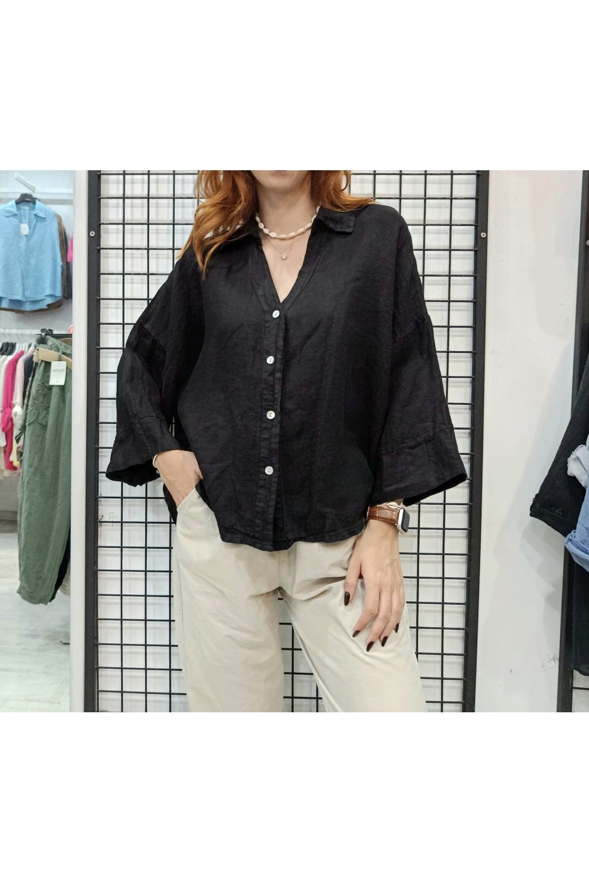 Butik Şans Düşük Kol Detaylı Rahat Kesim İtalyan Keten Gömlek