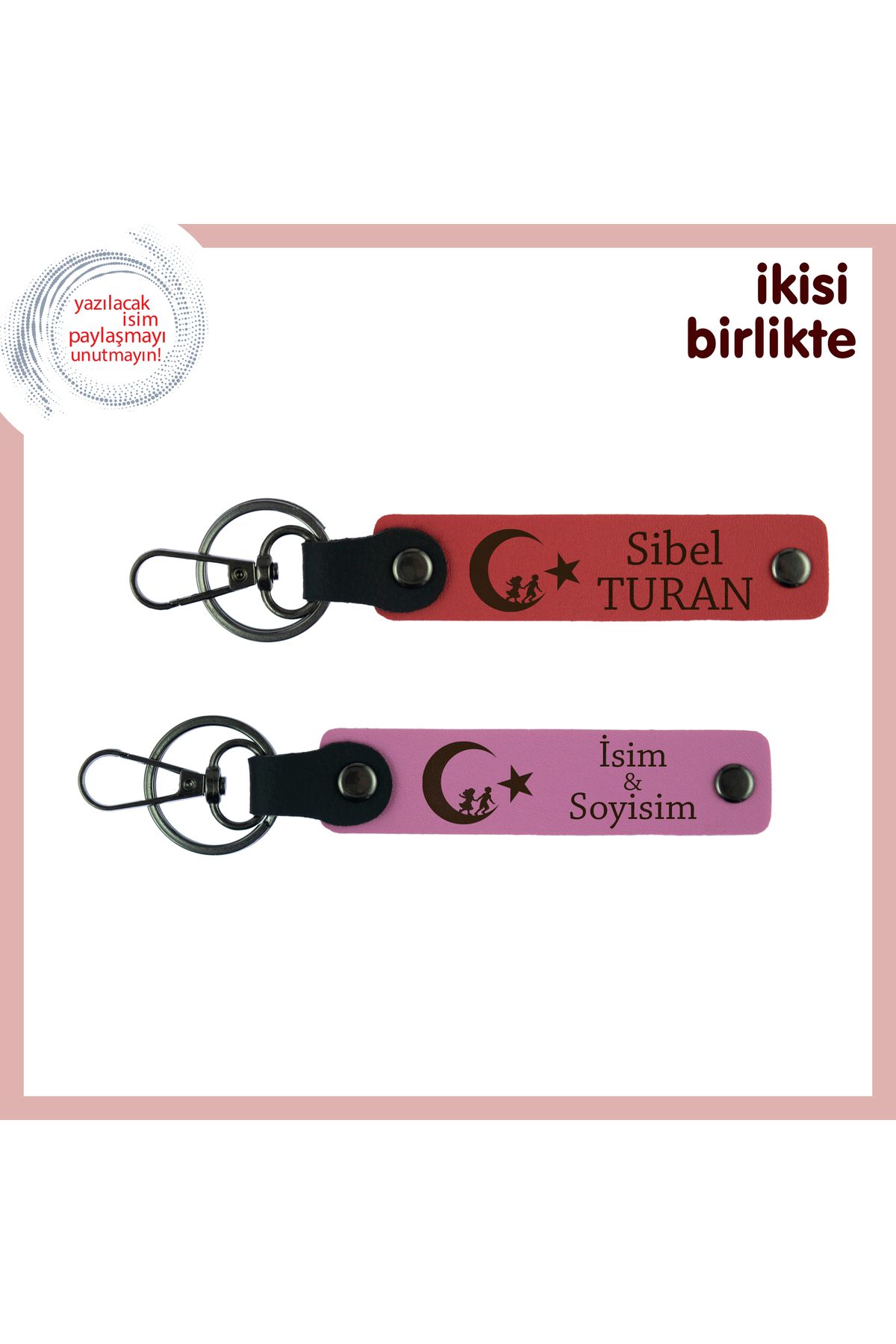 Miaju Kardeşe Bir Hatıra – Çocuk Ve Ayyıldız, Kişiye Özel Deri Anahtarlık 2' li Set, Nar Çiçek-Pembe