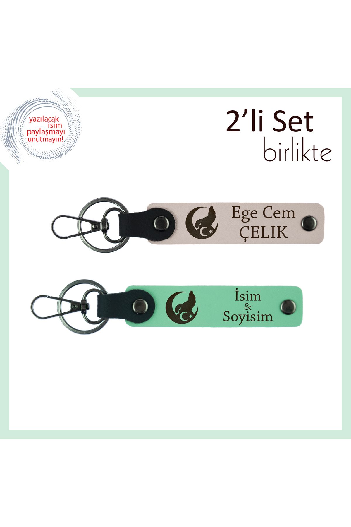 Miaju Milli Temalı Kişisel Armağan – İsim Yazılabilir Bozkurt Ve Ayyıldız Anahtarlık x2, Pudra-Yeşil