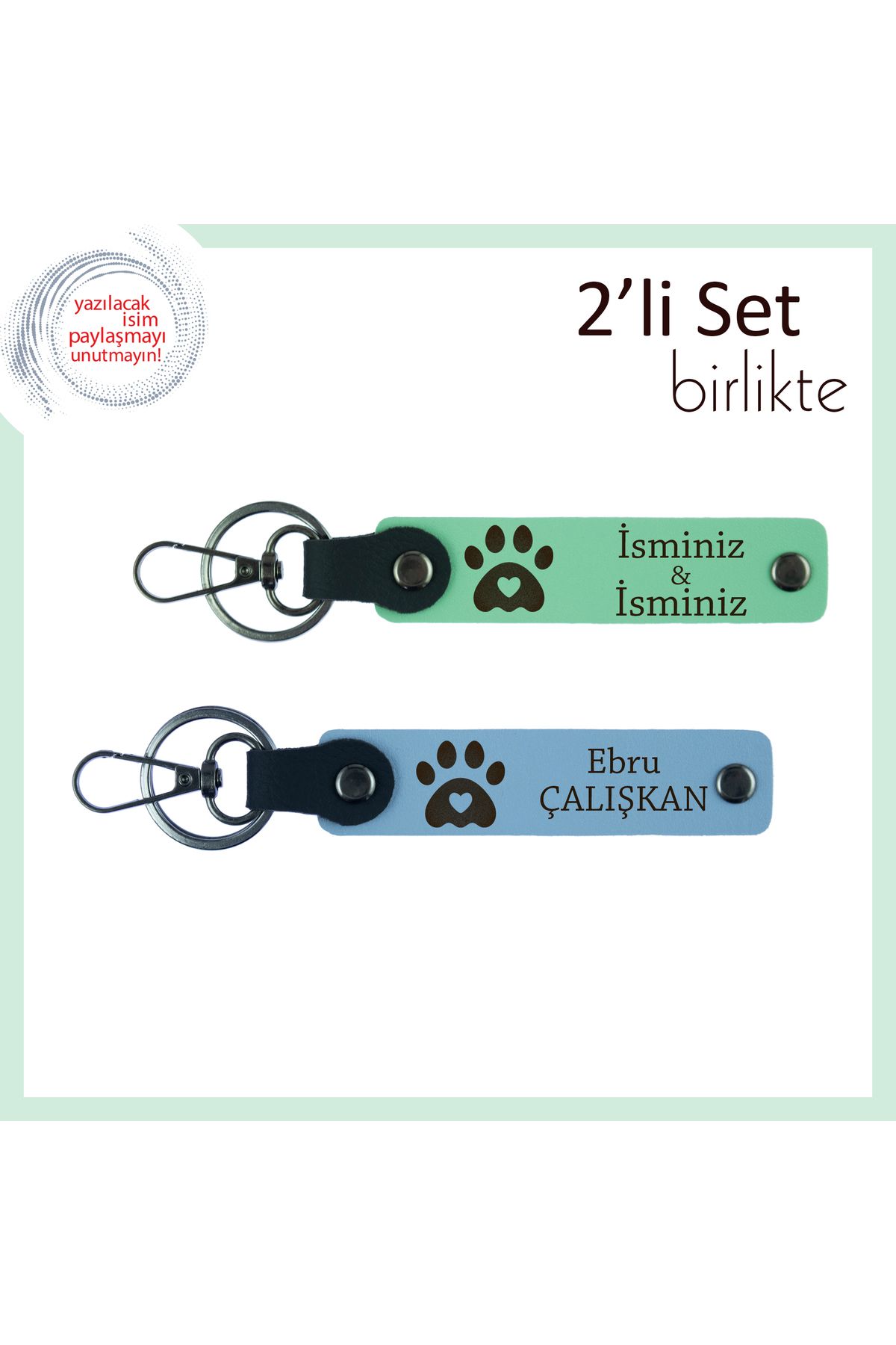 Miaju Kedi Sever Arkadaşa Özel Hediyelik, Kalpli Pati Motifli Deri Anahtarlık Seti, Açık Yeşil-Gök Mavi