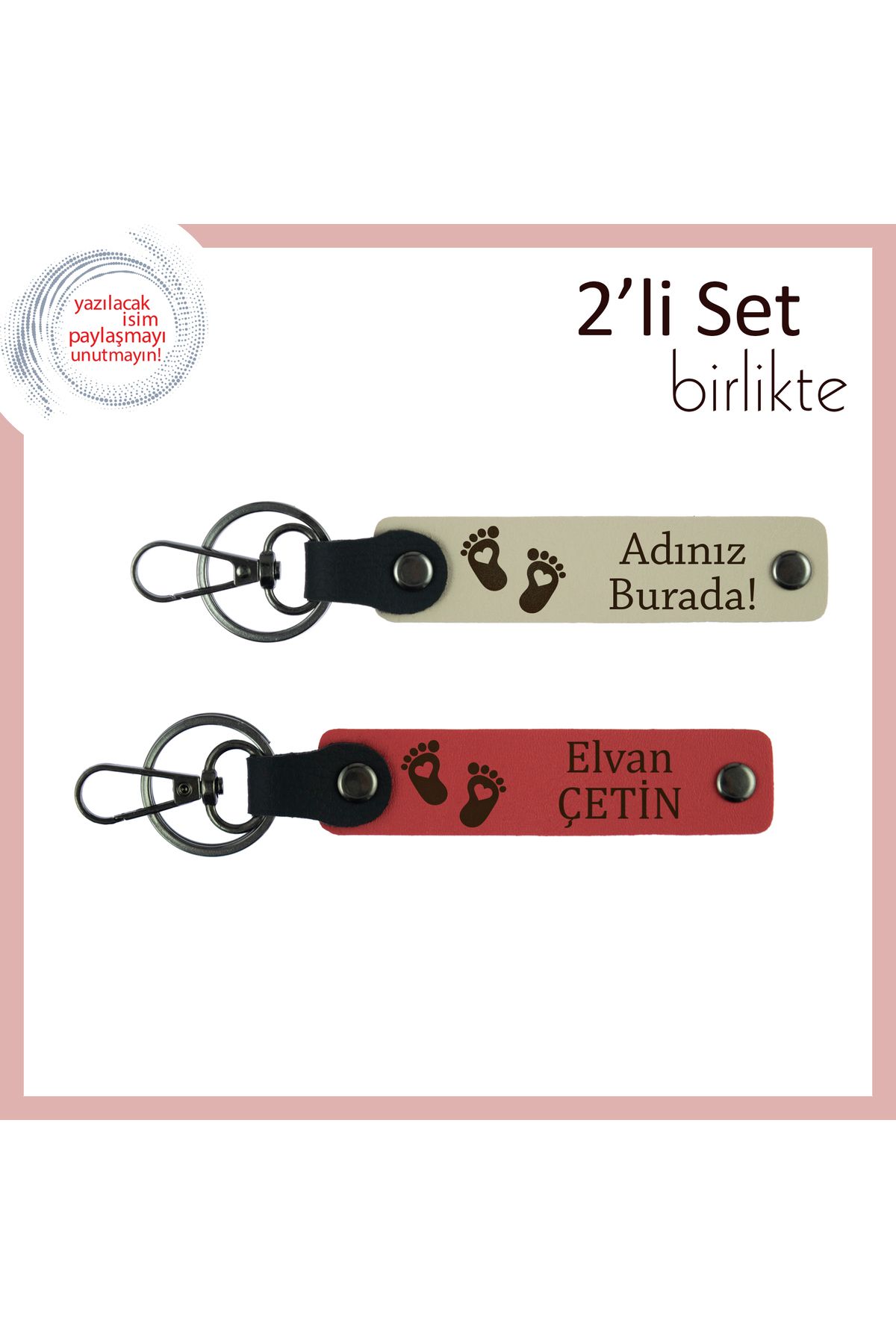Miaju Erkek Bebek İsmiyle Hazırlanan Kalpli Ayak Figürlü Deri Anahtarlık, 2'li Hatıra Set, Sütlü Kahve-Nar