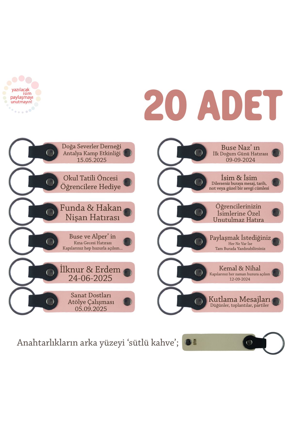 Miaju Özel Kutlamalarınız İçin Anı, 20'li Set, Kişiye Özel İsim Yazılı Deri Anahtarlık, Pudra & S Kahve