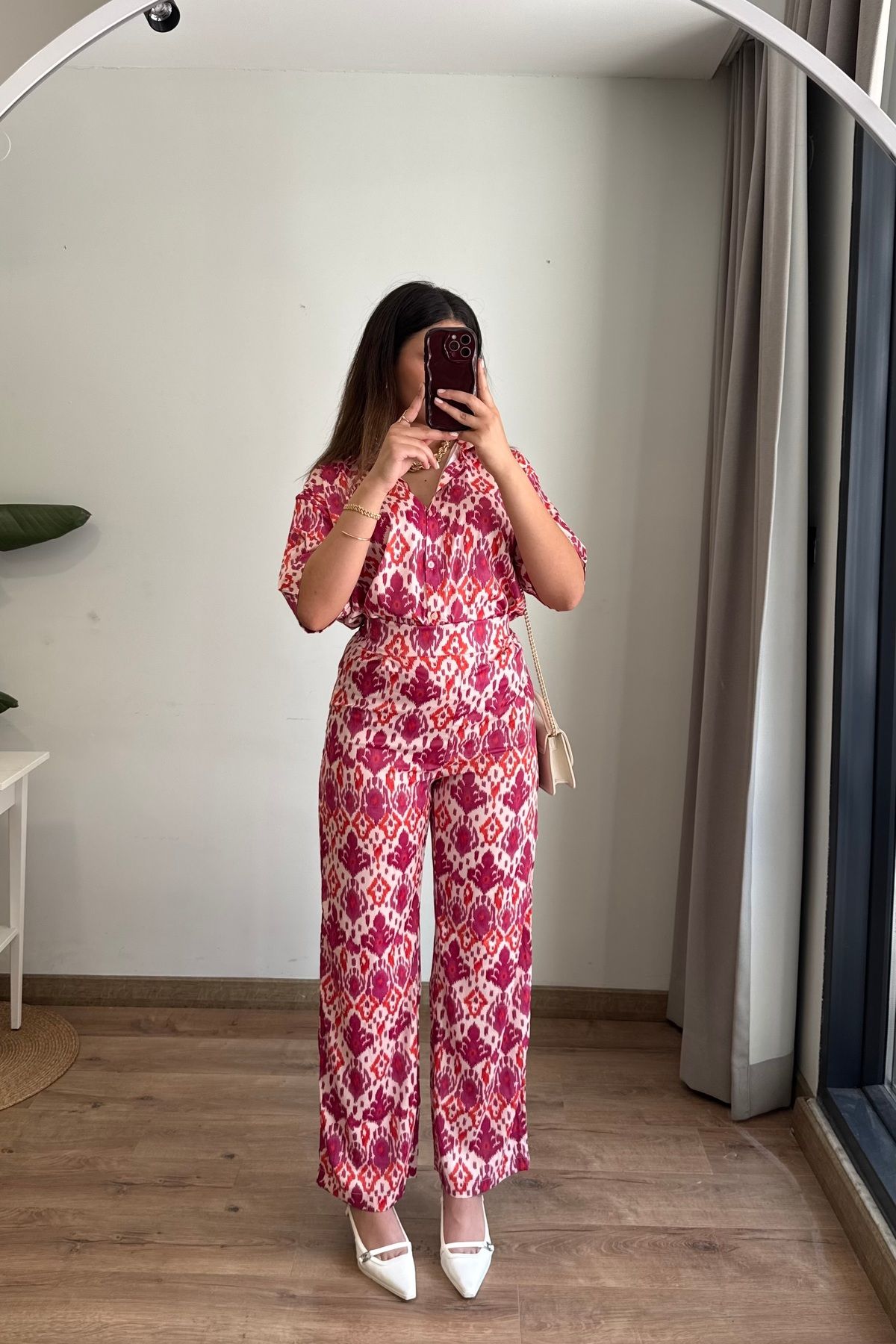Güneş Desenli Saten Gömlek & Pantolon Takım