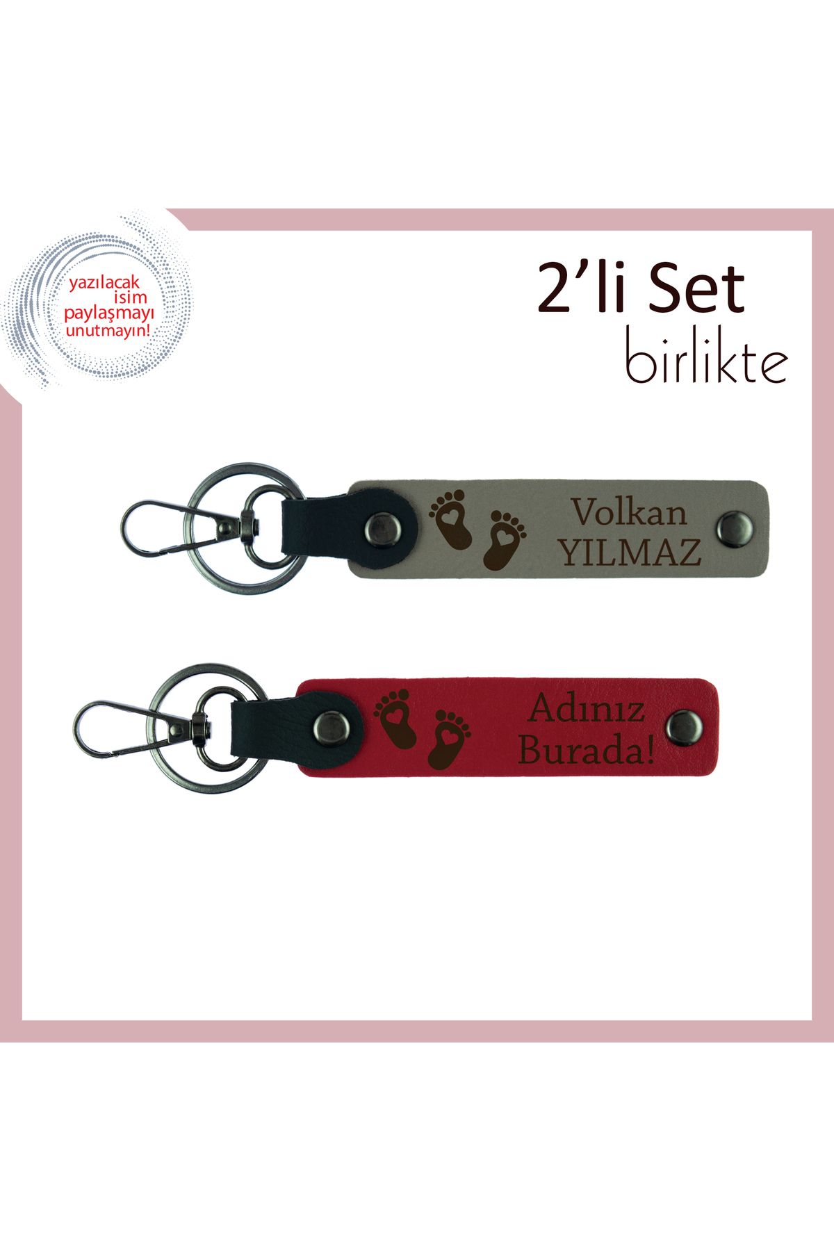 Miaju Bebeğinizin İsmini Her Zaman Yanınızda Taşıyın, Kalpli Ayak Desenli Deri Anahtarlık, Kül Gri-Kırmızı