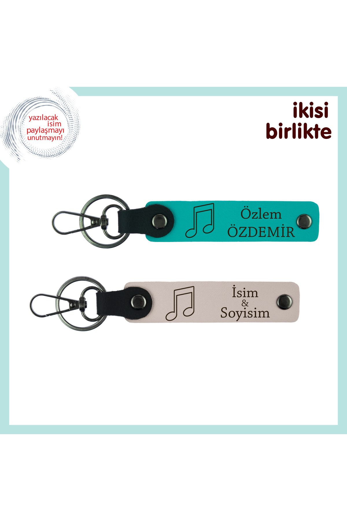 Miaju Müzik Ruhunu Taşıyanlara Hediye, Kişisel İsimli Nota Temalı Anahtarlık Takımı, Koyu Turkuaz-Pudra