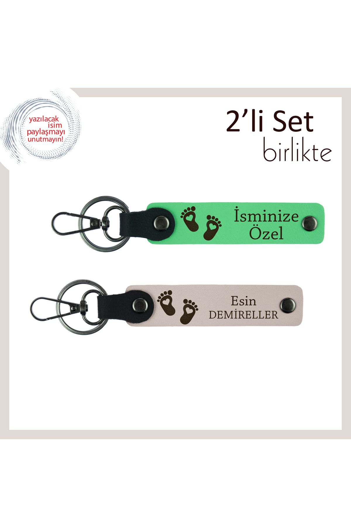Miaju İlk Doğumun Sevinci İçin Hediyelik, Kişiye Özel Kalpli Ayak Desenli İsimli Anahtarlık, F Yeşil-Pudra