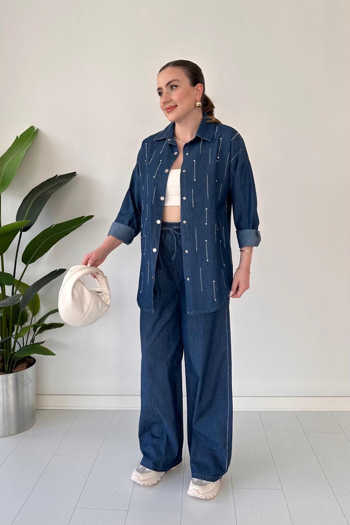 MaziButik Sıra Taşlı Denim Takım Lacivert
