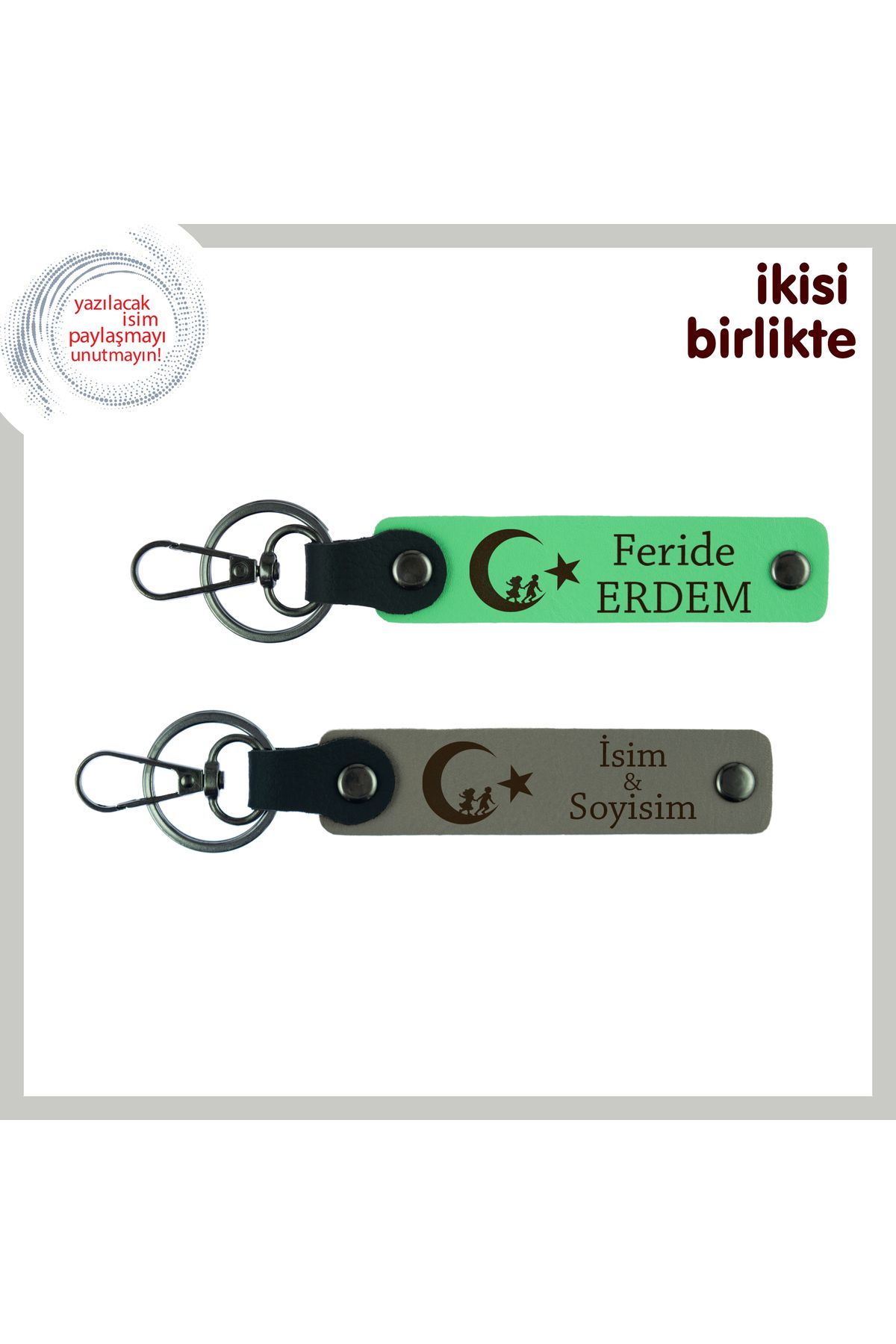 Miaju Babaya Hatıra – Çocuk Ve Ayyıldız İşlemeli, İsimli Anahtarlık Takımı Hediye, F Yeşil-Kül Gri