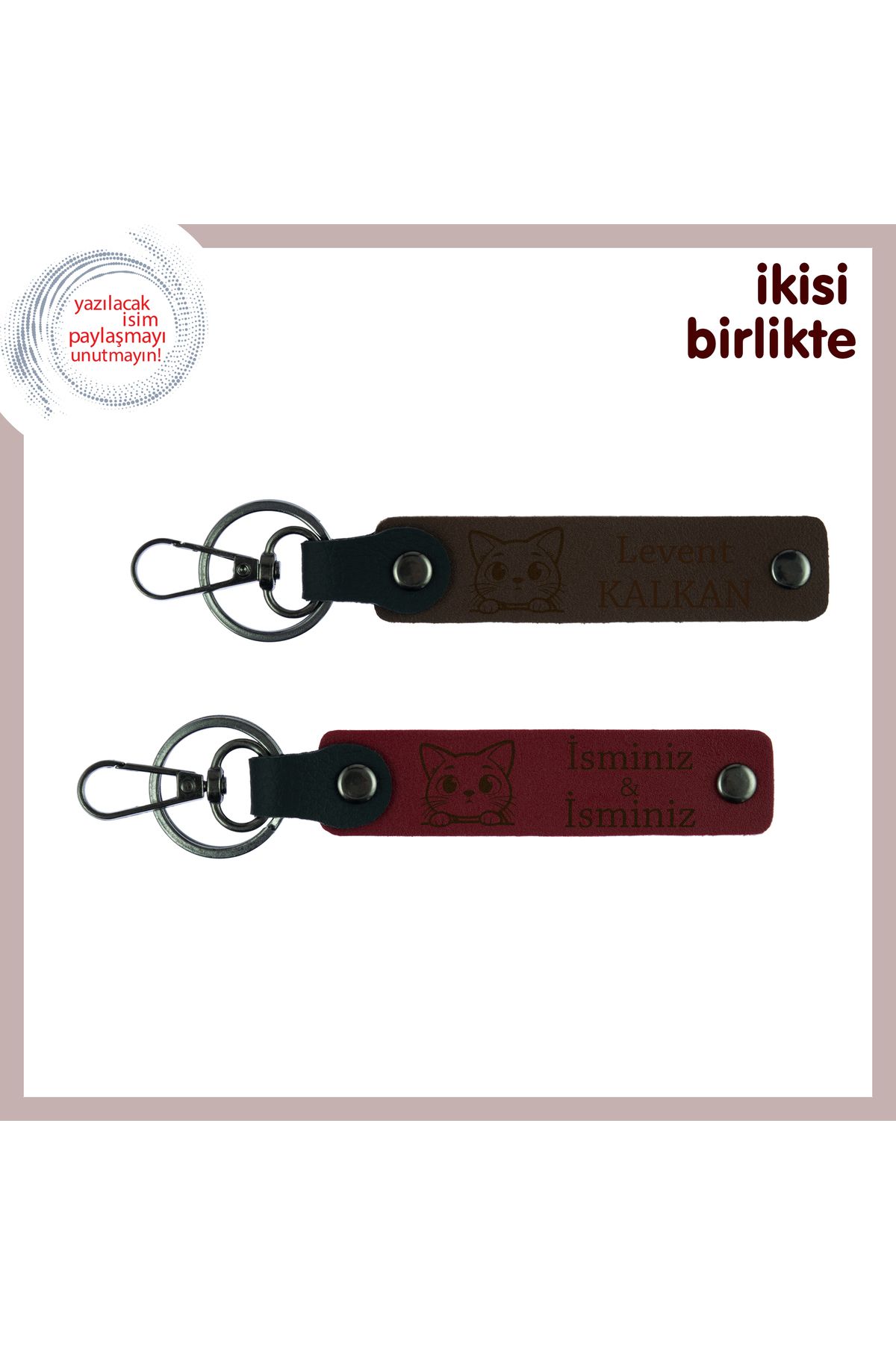 Miaju Kaybedilen Kediye Özlemle Hazırlanmış Hatıra, Patili Deri Anahtarlık x2, İsim Yazılı, K Kahve-Bordo