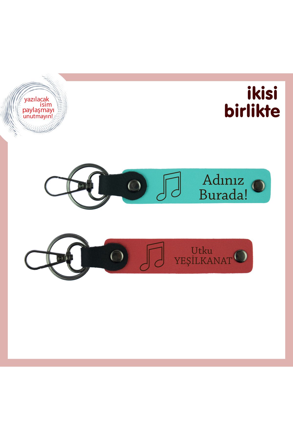 Miaju Melodiye Dönüşen Aşka Romantik Hatıra, Kişisel Deri Anahtarlık Takımı, Turkuaz-Nar Çiçeği