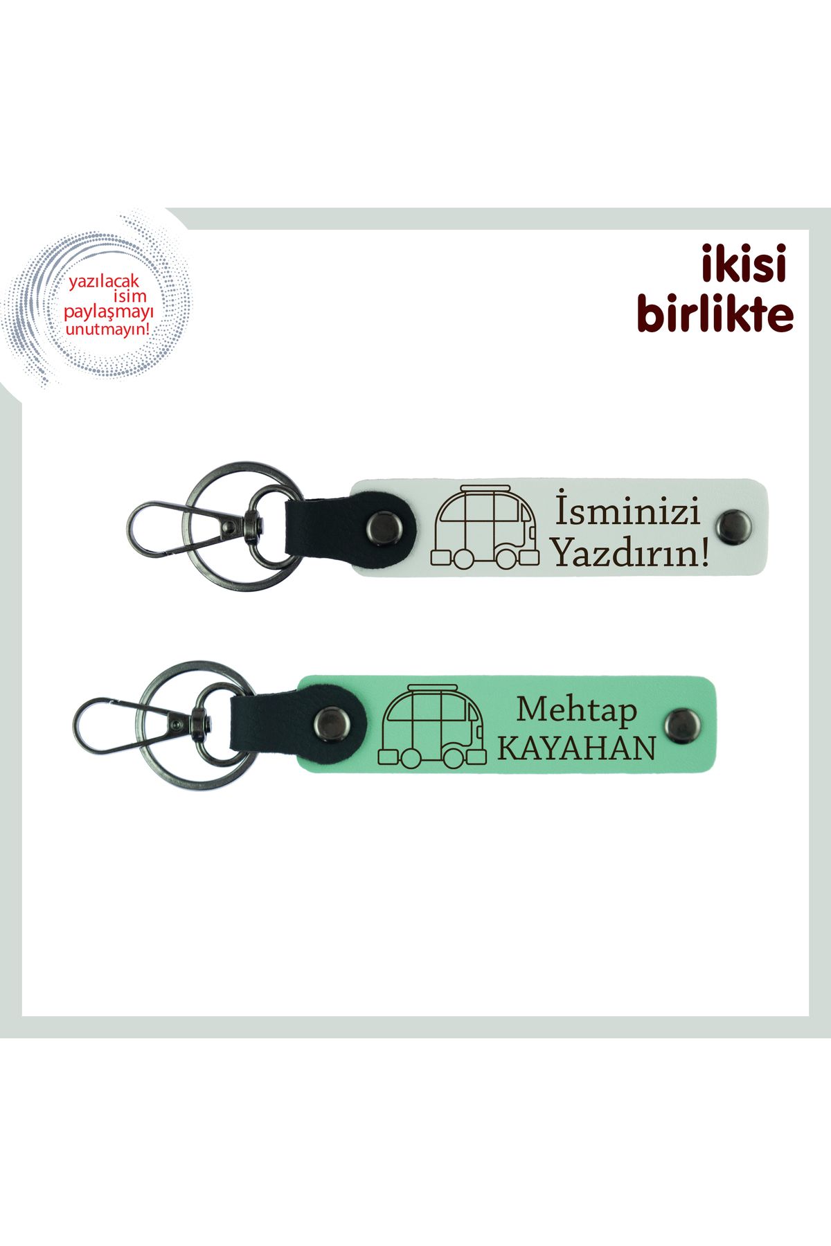 Miaju Kamp Sever Sevgiliye Anlamlı Armağan, Karavan Motifli 2’li Anahtarlık, İsme Özel, Beyaz-Açık Yeşil