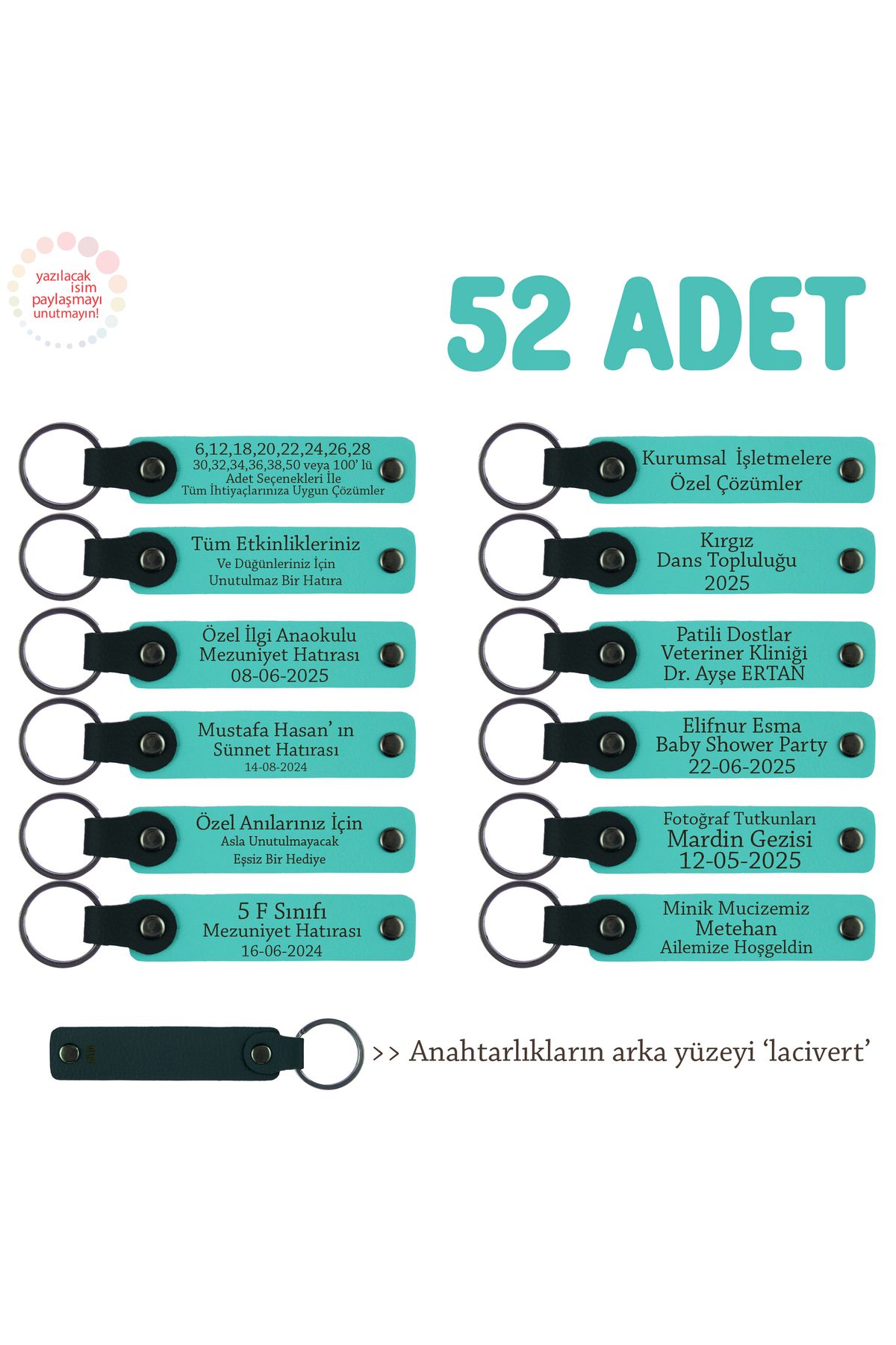Miaju Düğün Ve Nişan İçin Hediye, 52'li Set, Kişisel Mesajlı Deri Hediyelik Anahtarlık, Turkuaz & Lacivert