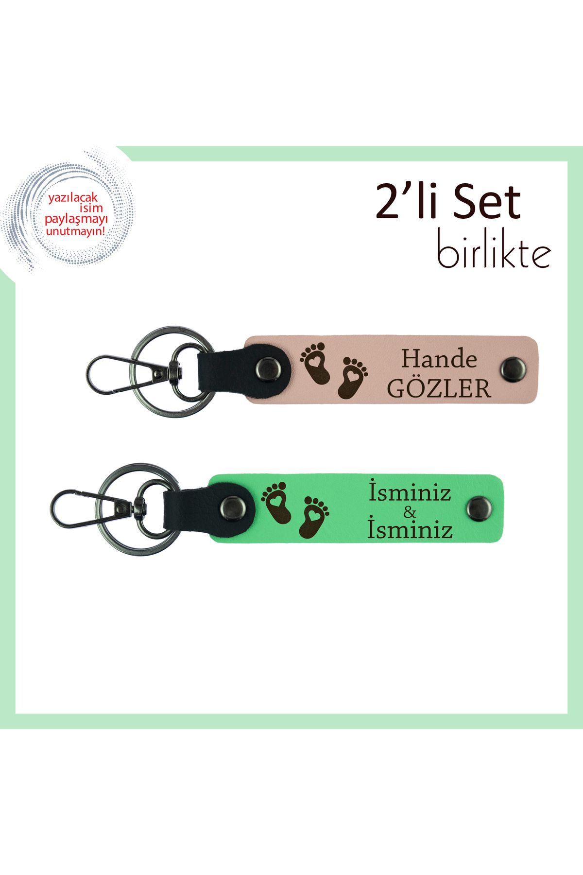 Miaju Doğumdan Sonra Anlamlı ve Şık Hediye, Kalpli Ayak Motifli Anahtarlık Seti, Yavru Ağzı-Fıstık Yeşil