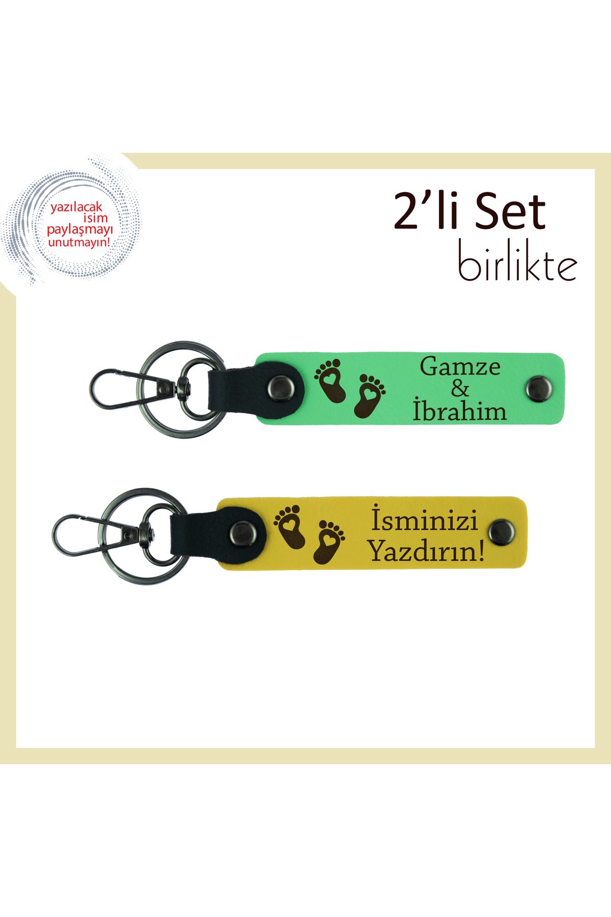 Miaju Yeni Anne ve Babaya Duygusal Sürpriz, Kalpli Ayak Figürlü İsimli Anahtarlık Takım, Fıstık Yeşil-Sarı