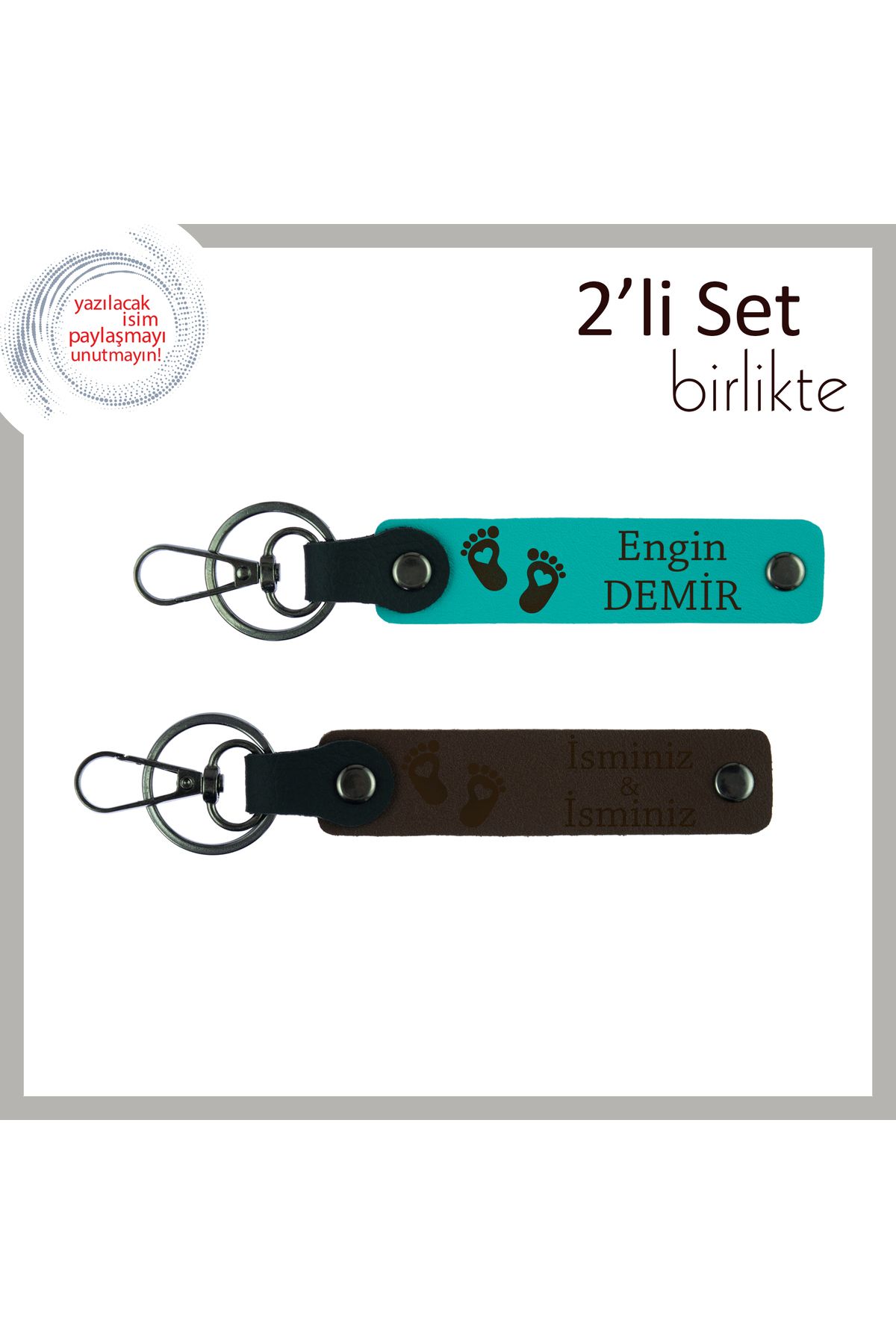 Miaju Kız veya Erkek Bebek İçin Uygun, İsim Yazılabilir Kalpli Ayak Desenli Anahtarlık, K Turkuaz-K Kahve