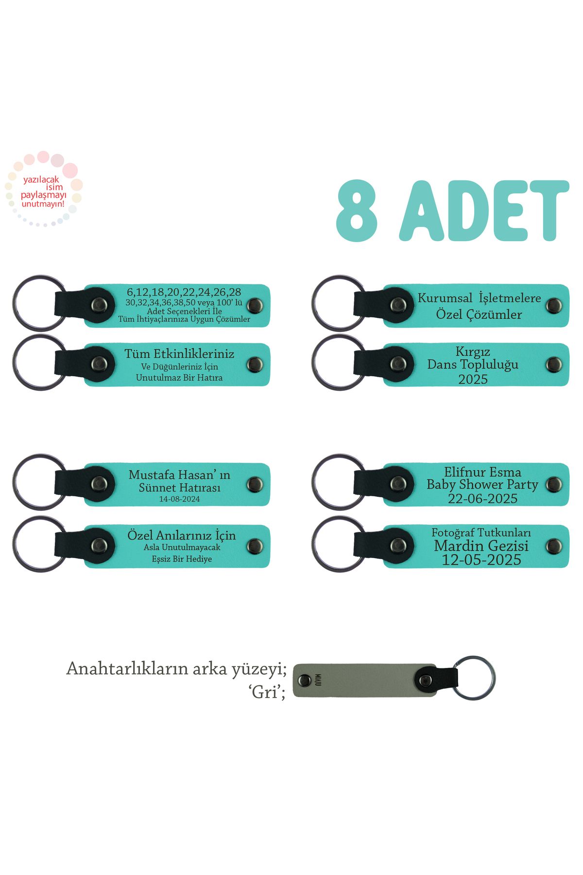 Miaju Miniklere Özel İsim Yazılı Karne Hediyesi Anahtarlık 8’li Set, Öğretmenden Armağan, Turkuaz & Gri