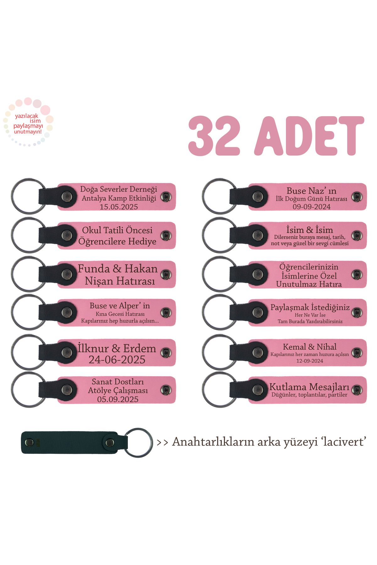 Miaju Pembe & Lacivert, Tüm Festivaller İçin 32'li Set, Kişiye Özel Yazılı Deri Hediyelik Anahtarlık