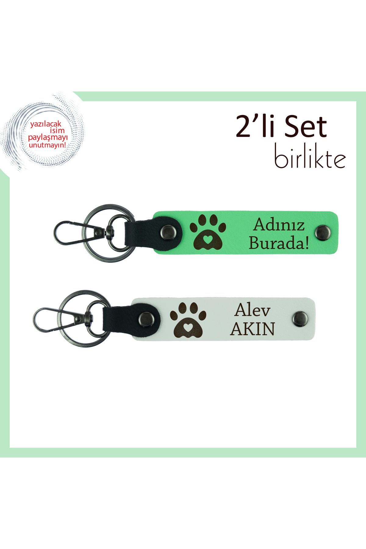 Miaju Minik Dostunla Arandaki Bağı Taşıyan Kalpli Pati Motifli Set, İsim Yazılabilir, Fıstık Yeşil-Beyaz