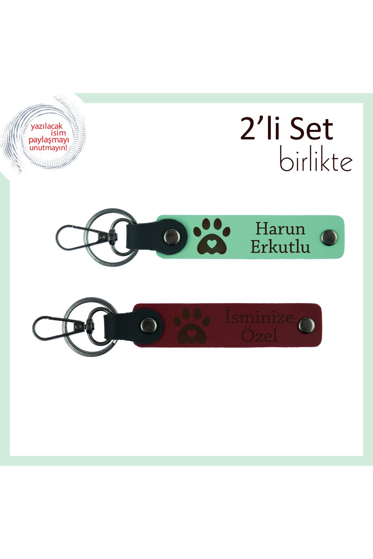 Miaju Evcil Hayvanına Özel Hatıra, Kalpli Pati Figürlü Anahtarlık Seti, İsim Yazılabilir, A Yeşil-Bordo