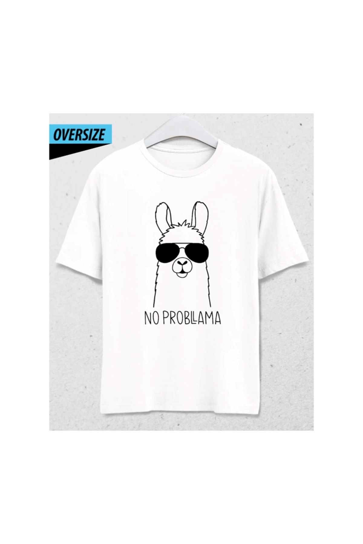 HENA DİZAYN No Problama Lama Logic – Sorun mu? Bize Uzak Oversize Unisex T-Shirt Beyaz