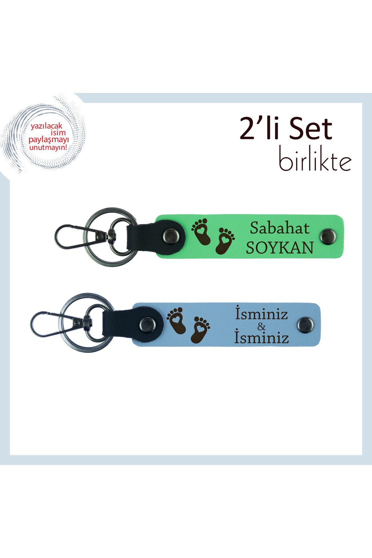 Miaju Doğum Tebriği İçin En Anlamlı Armağanlardan, Kalpli Ayak Temalı İsimli Anahtarlık, F Yeşil-Gök Mavi