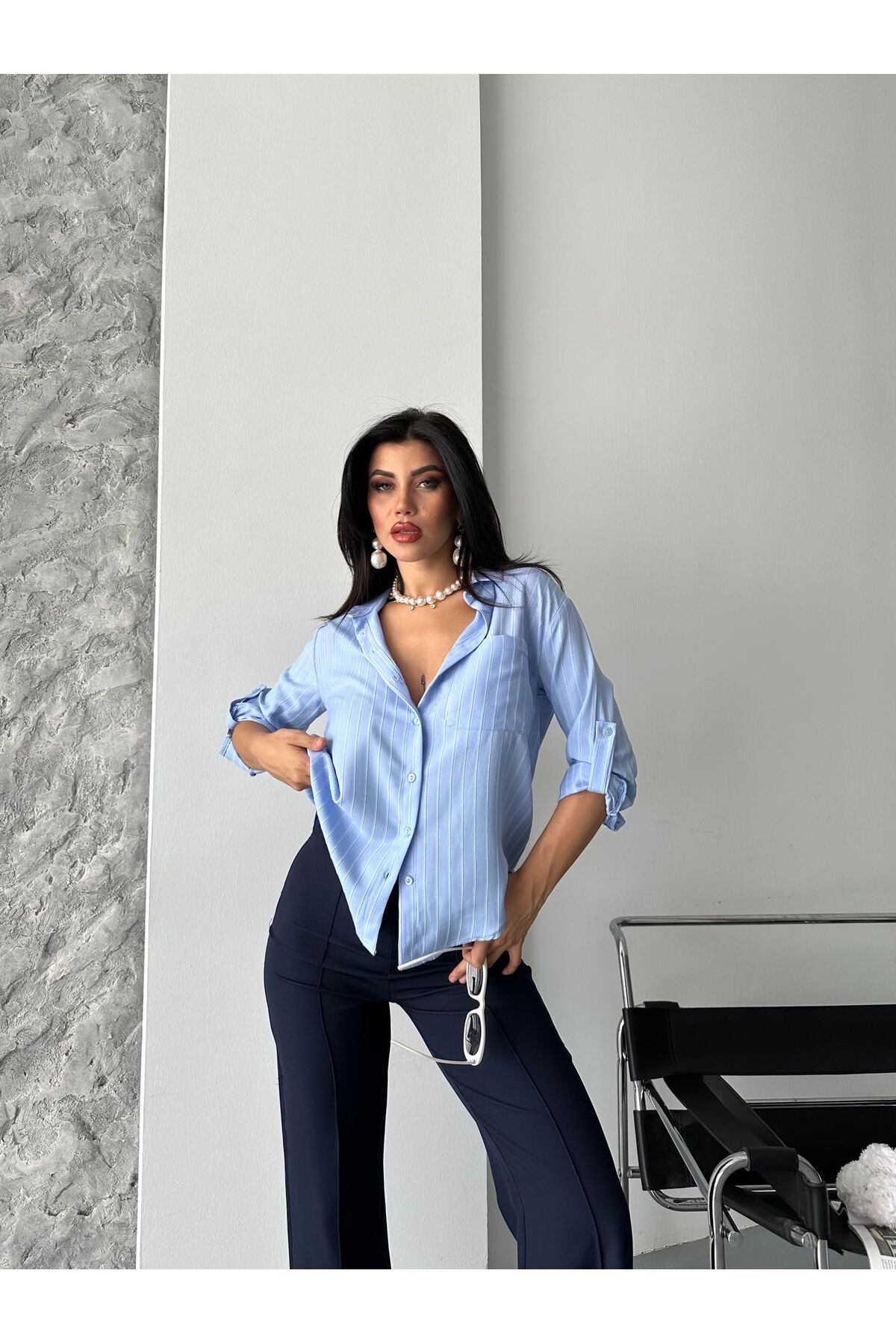 MYGİYİMİSTANBUL  Kadın Çizgili Uzun Kollu Gömlek - Görsel 5