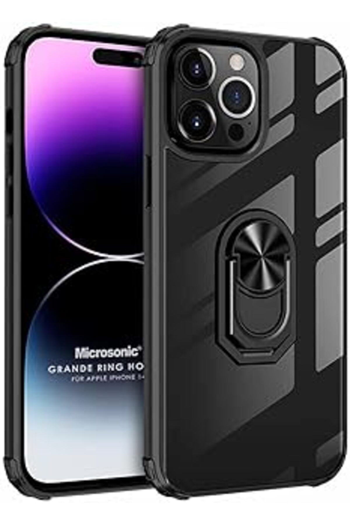 Karachil Microsonic Apple Iphone 14 Pro Max Için Kılıf Grande Clear Ring Holder Siyah [Iphone 14 Pro Max Ile