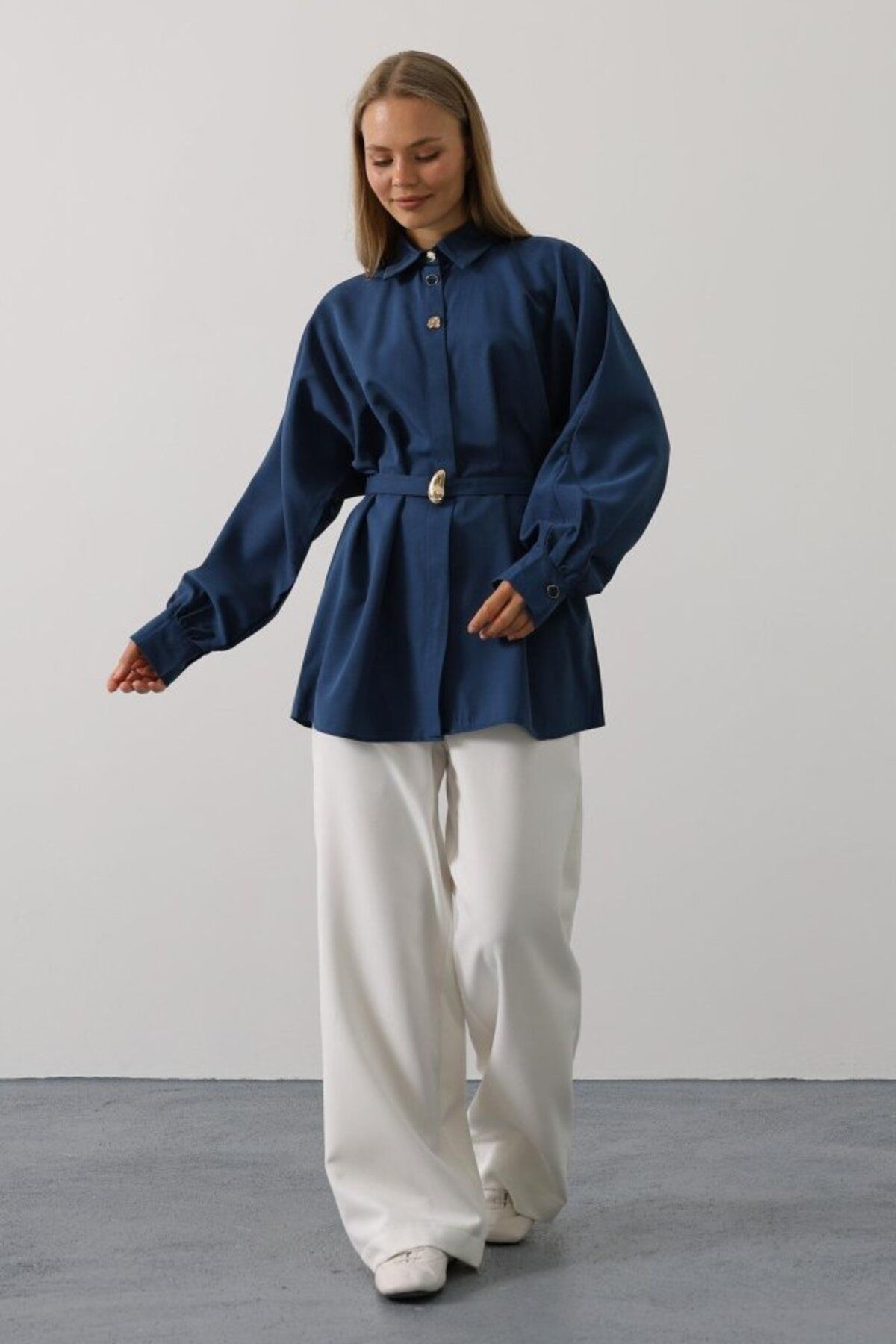velmorafashion Kuşak Detaylı Tunik Gömlek - İndigo