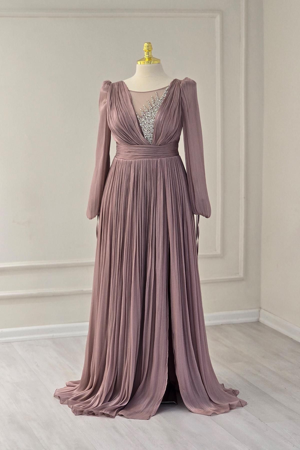Yonca Moda Evi Pudra Göğüs Taşlı Janjan Abiye 15520