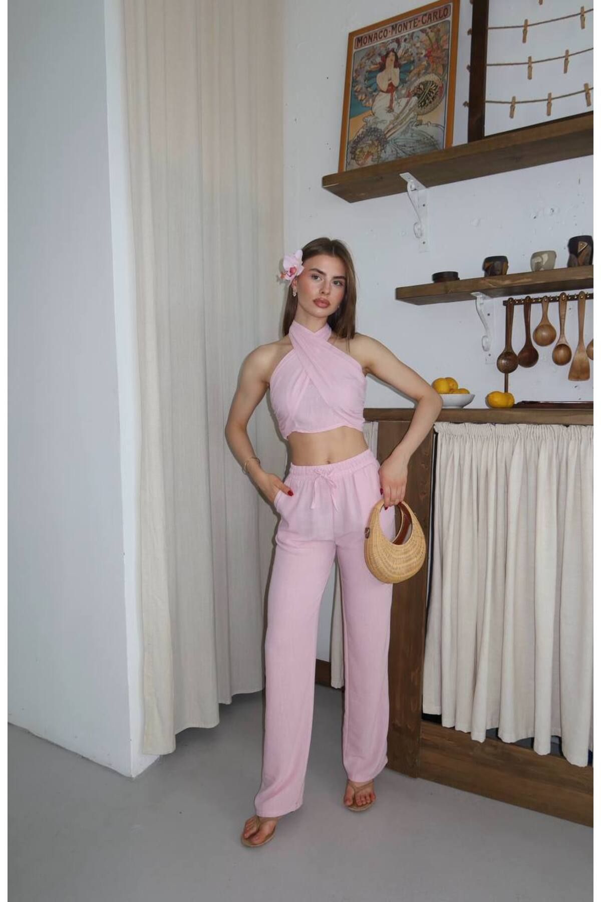 codudem BOYUNDAN BAĞLAMALI PEMBE CROP BODY PANTOLON YAZLIK ALT ÜST TAKIM