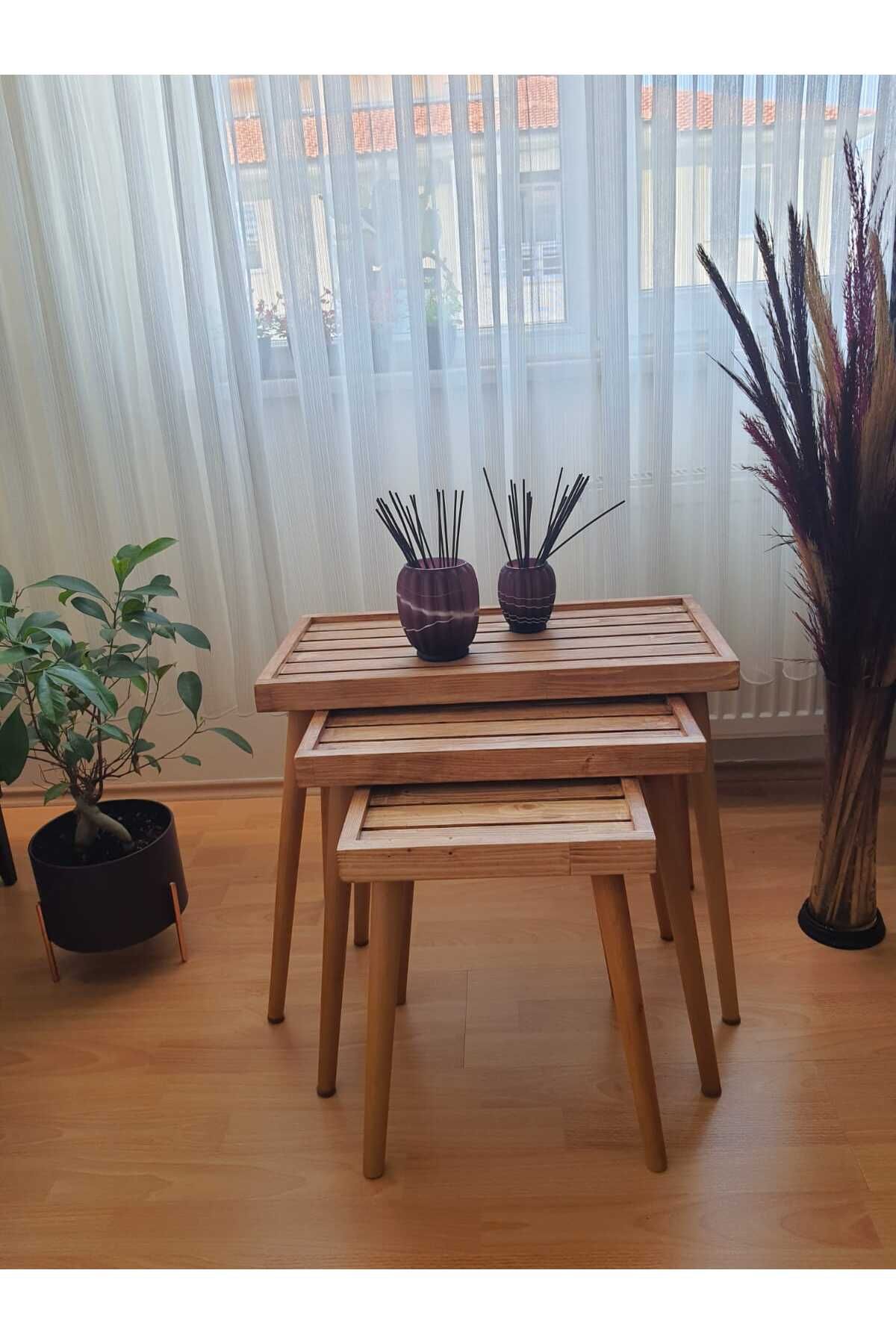 Ekübya Home Masif Doğal Ahşap Üçlü Zigon Sehpa