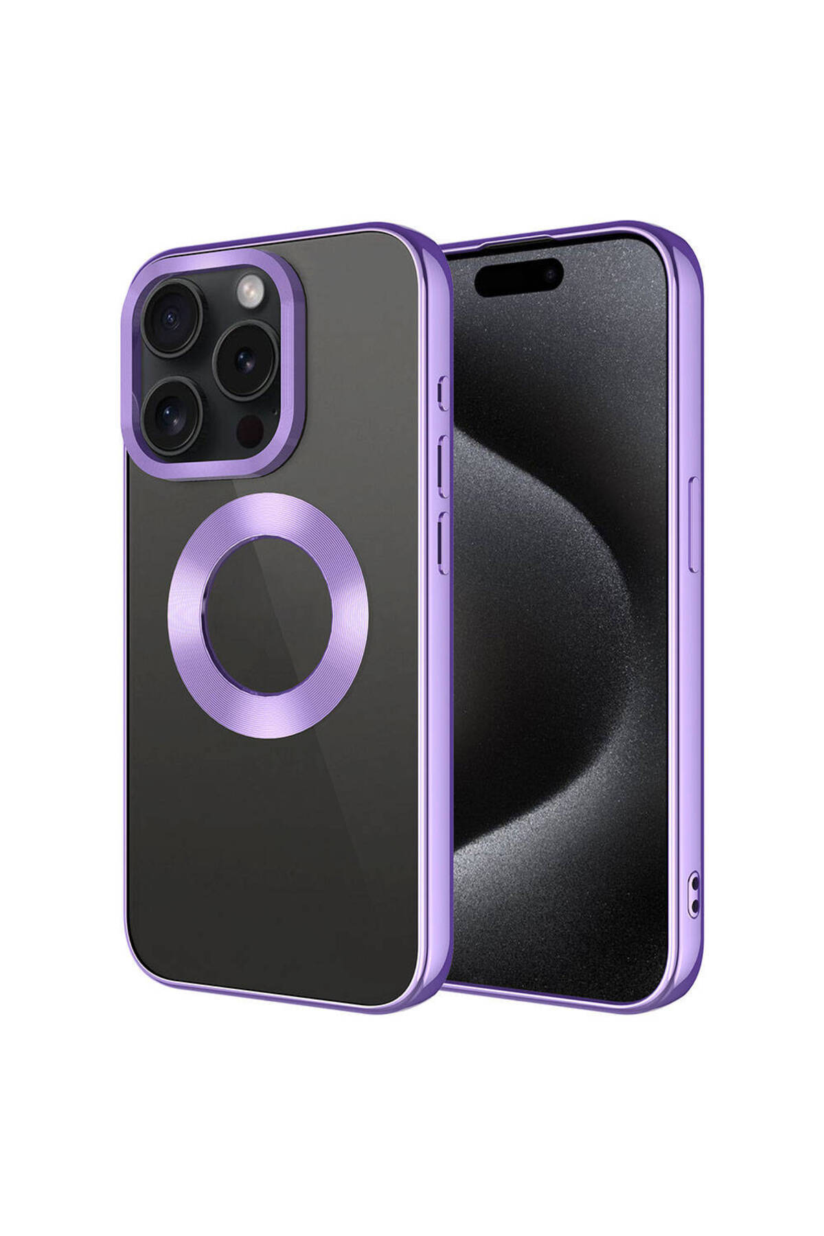iPhone 15 Pro Max Uyumlu Tek Kamera Çerçeveli Logo Gösteren HZRV Omega Kılıf-Lila
