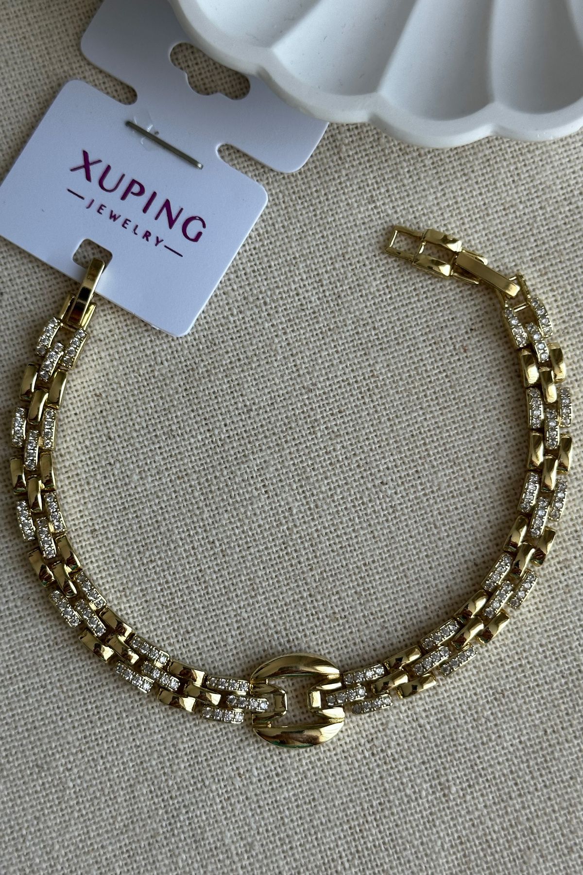 Modacaprea Xuping 14K Geçmeli Zincir Taşlı Kadın Bileklik – 17+2 cm | Altın Renk Kararmaz Xuping Takı