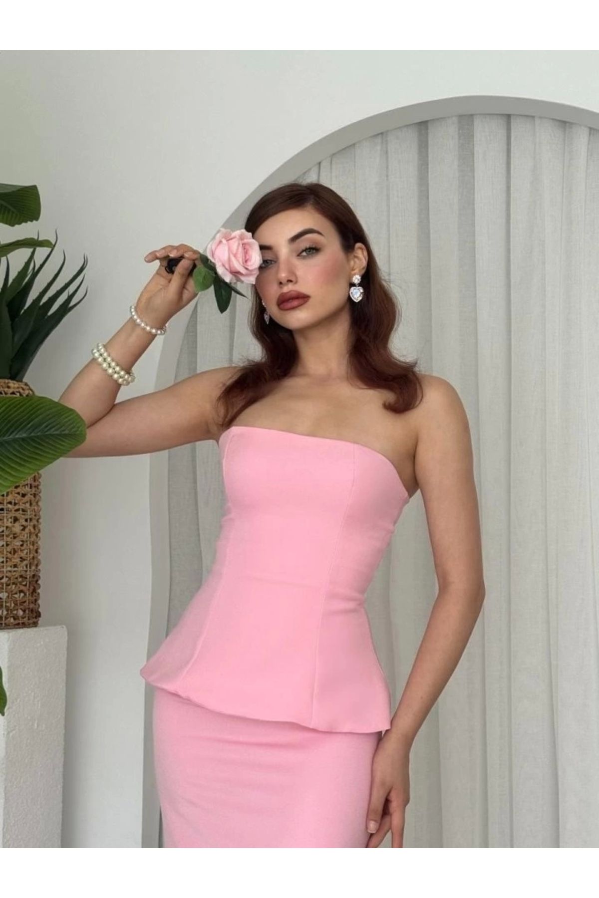 buHillco Pembe Spas Kadın Straplez Elbise