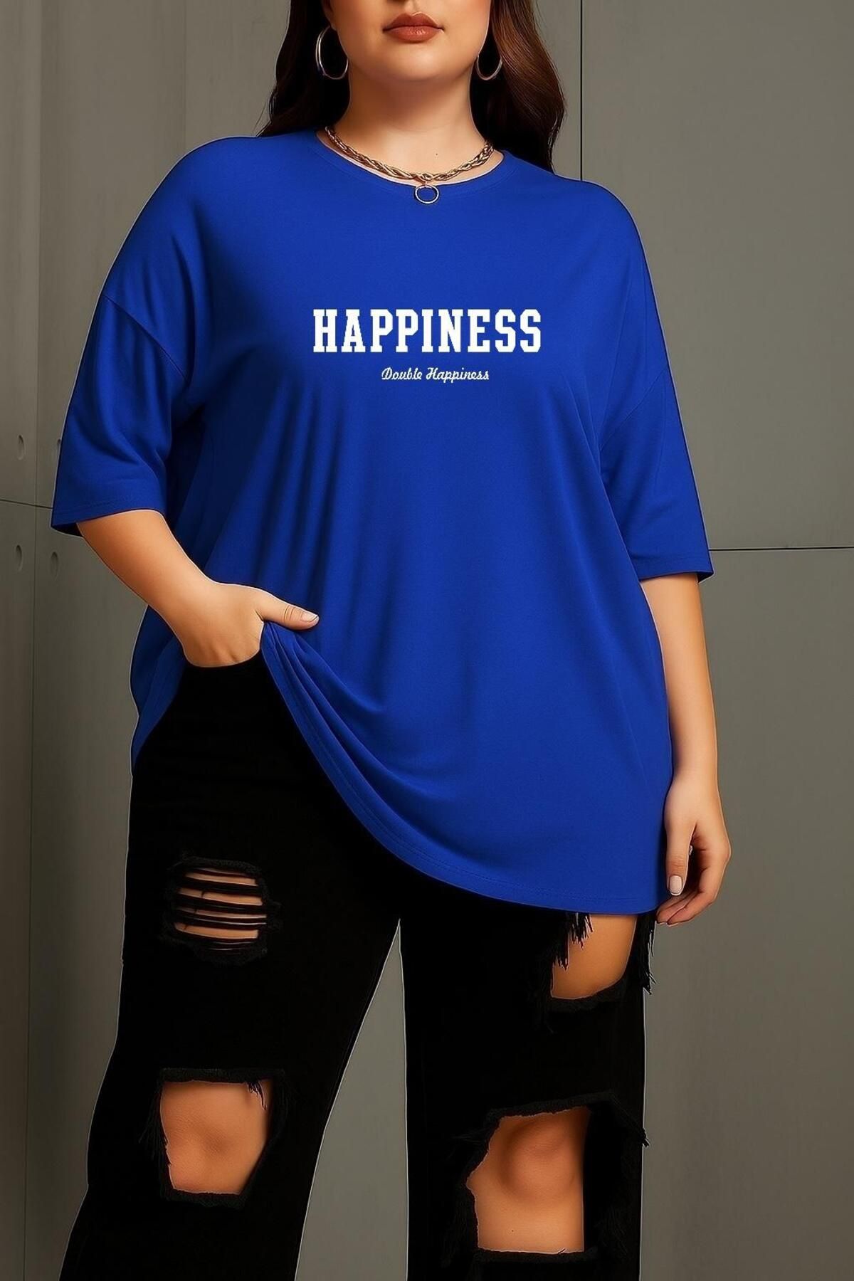 BENROMA BÜYÜK BEDEN HAPPINESS BASKILI UNİSEX TİŞÖRT