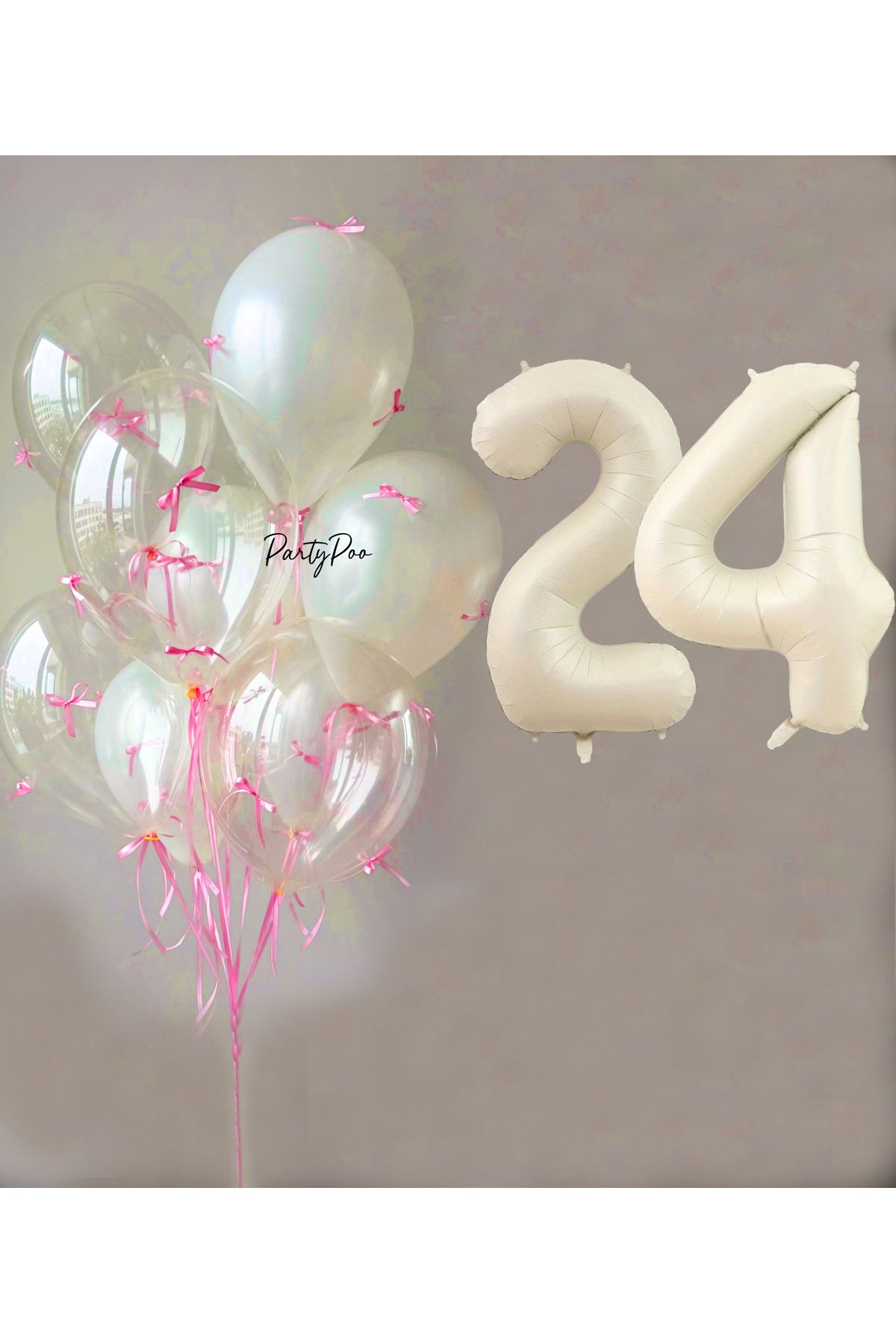 PartyPoo Pembe Fiyonklu Şeffaf Beyaz Balon Seti + Krem Rakam Folyo Balon – 11'li Doğum Günü Parti Süsü