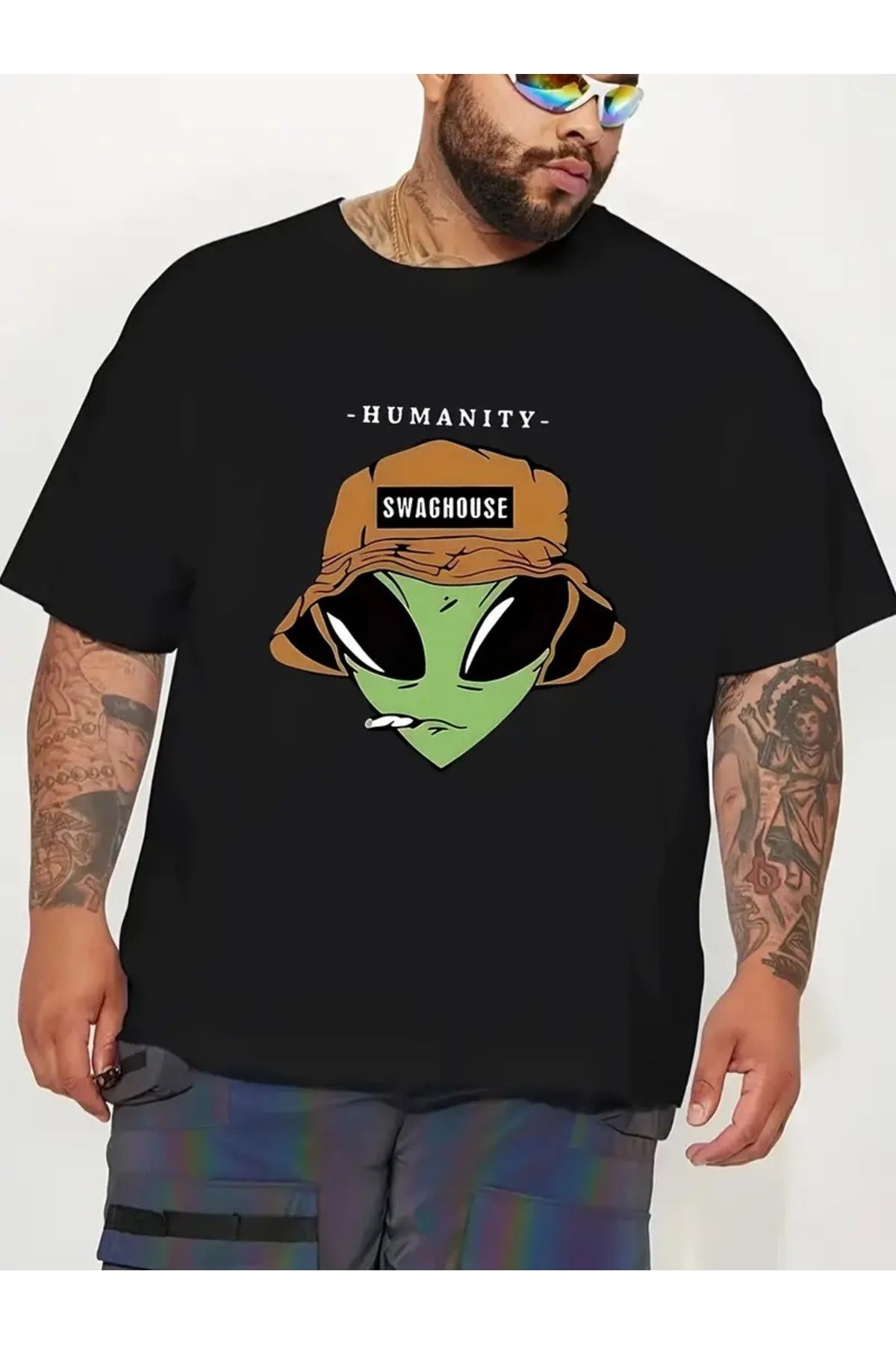 Hunors Sportswear & Company Unisex Kadın/Erkek Oversize Baskılı Pamuklu Bisiklet Yaka Kısa Kollu SİYAH T-shirt