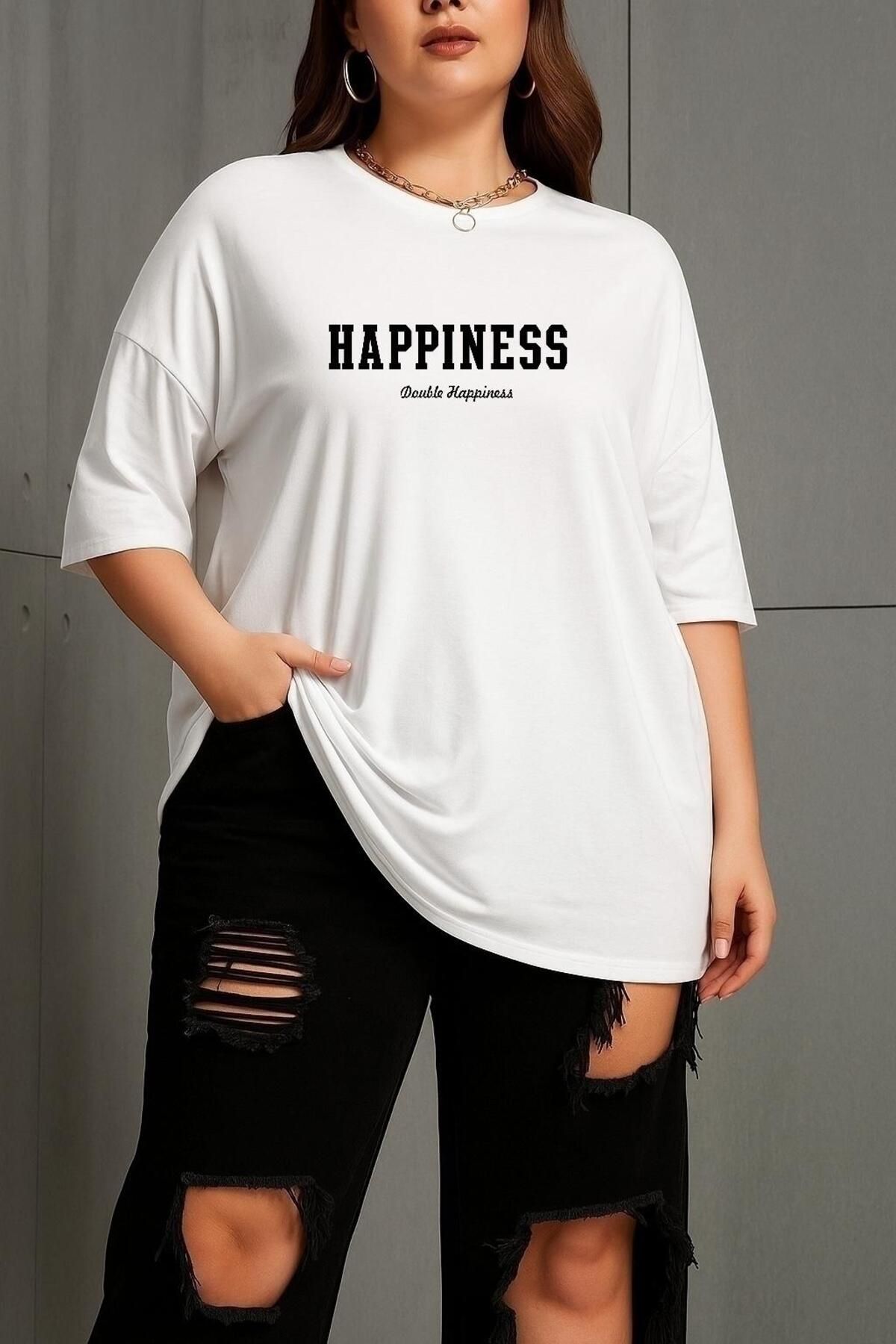 BENROMA BÜYÜK BEDEN HAPPINESS BASKILI UNİSEX TİŞÖRT