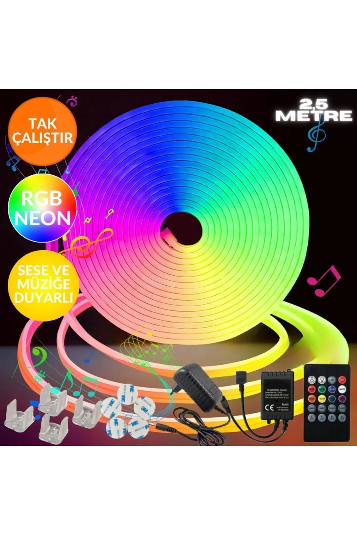 ledchord Neon Rgb Led - Sese Ve Müziğe Duyarlı Kumandalı - Çok Renkli - 2.5 Metre - Esnek Full