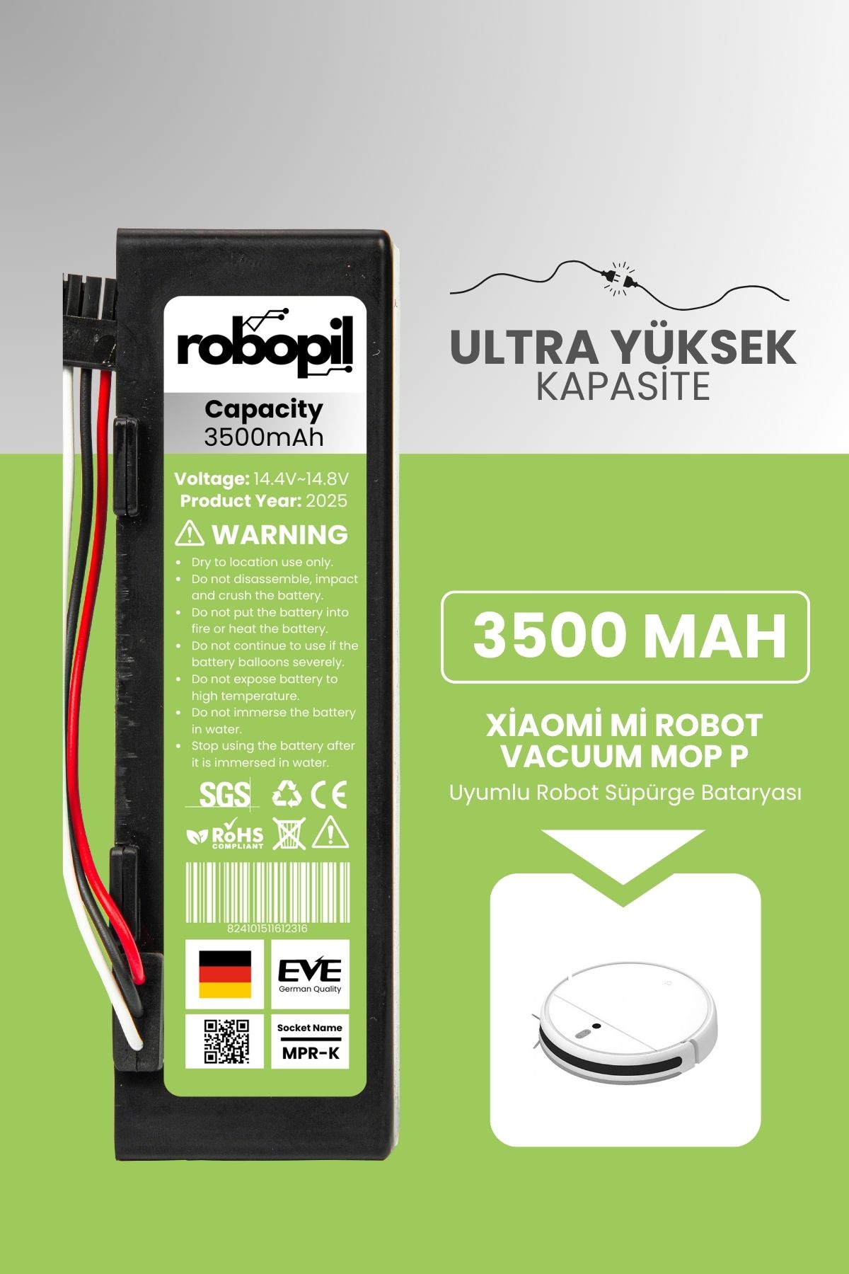 ROBOPİL Xiaomi Mi Robot Vacuum Mop P Uyumlu Batarya (ULTRA YÜKSEK KAPASİTE) 3500mah Kutulu Model: Stytj02ym