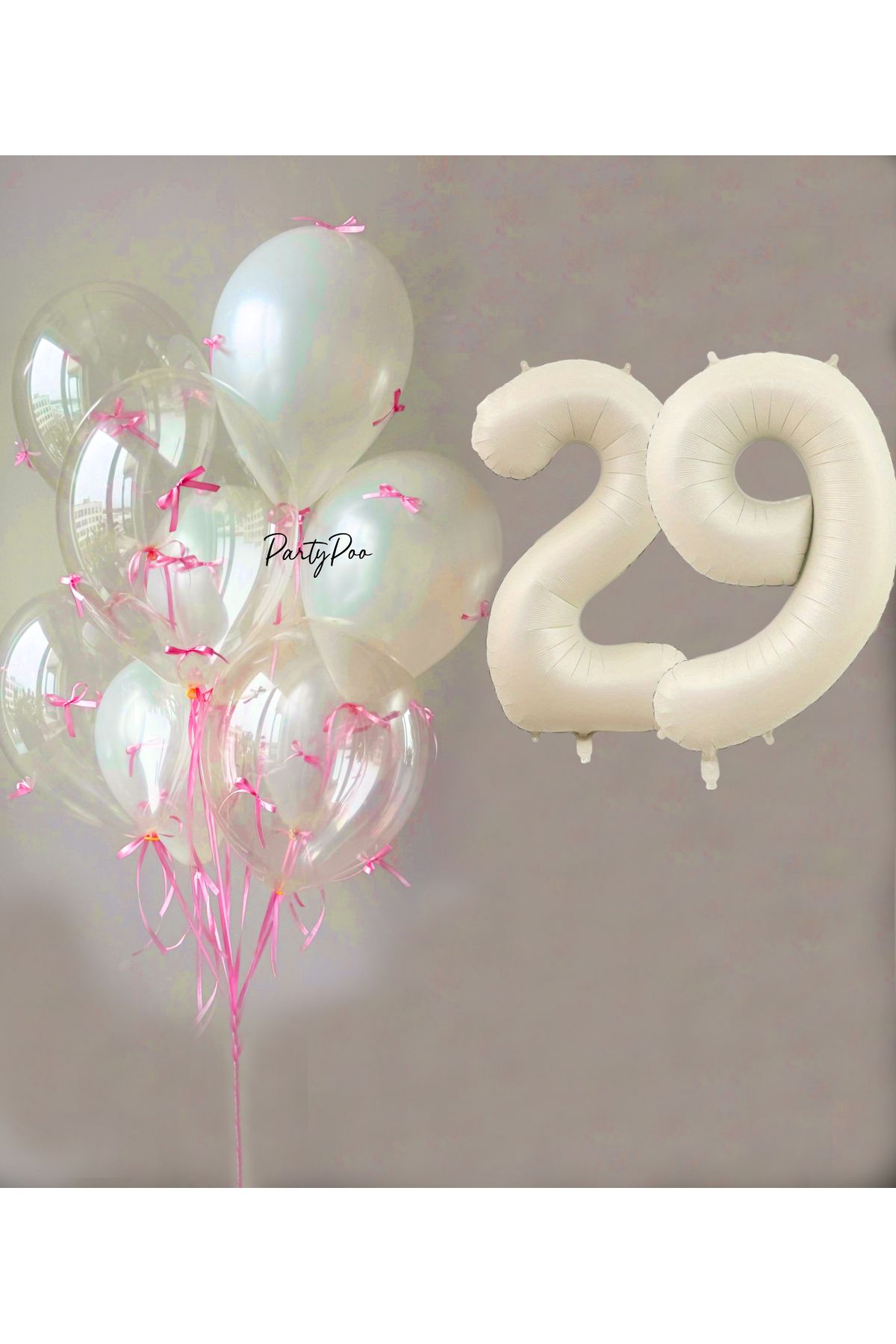 PartyPoo Pembe Fiyonklu Şeffaf Beyaz Balon Seti + Krem Rakam Folyo Balon – 11'li Doğum Günü Parti Süsü