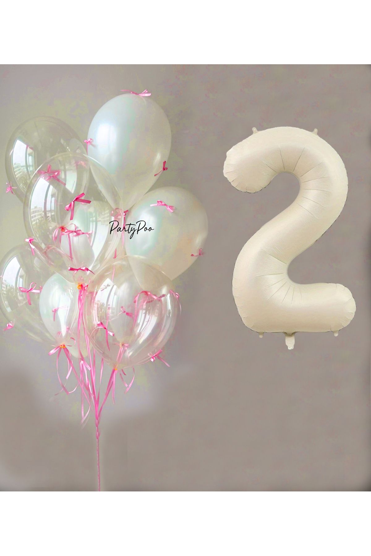 PartyPoo Pembe Fiyonklu Şeffaf Beyaz Balon Seti + Krem Rakam Folyo Balon – 11'li Doğum Günü Parti Süsü