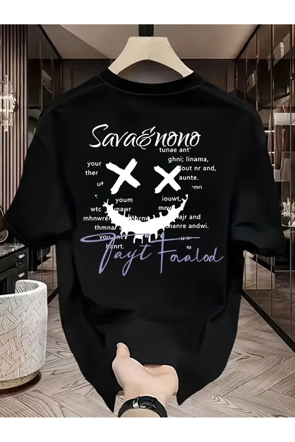 Hunors Sportswear & Company Unisex Kadın/Erkek Oversize Baskılı Pamuklu Bisiklet Yaka Kısa Kollu SİYAH T-shirt