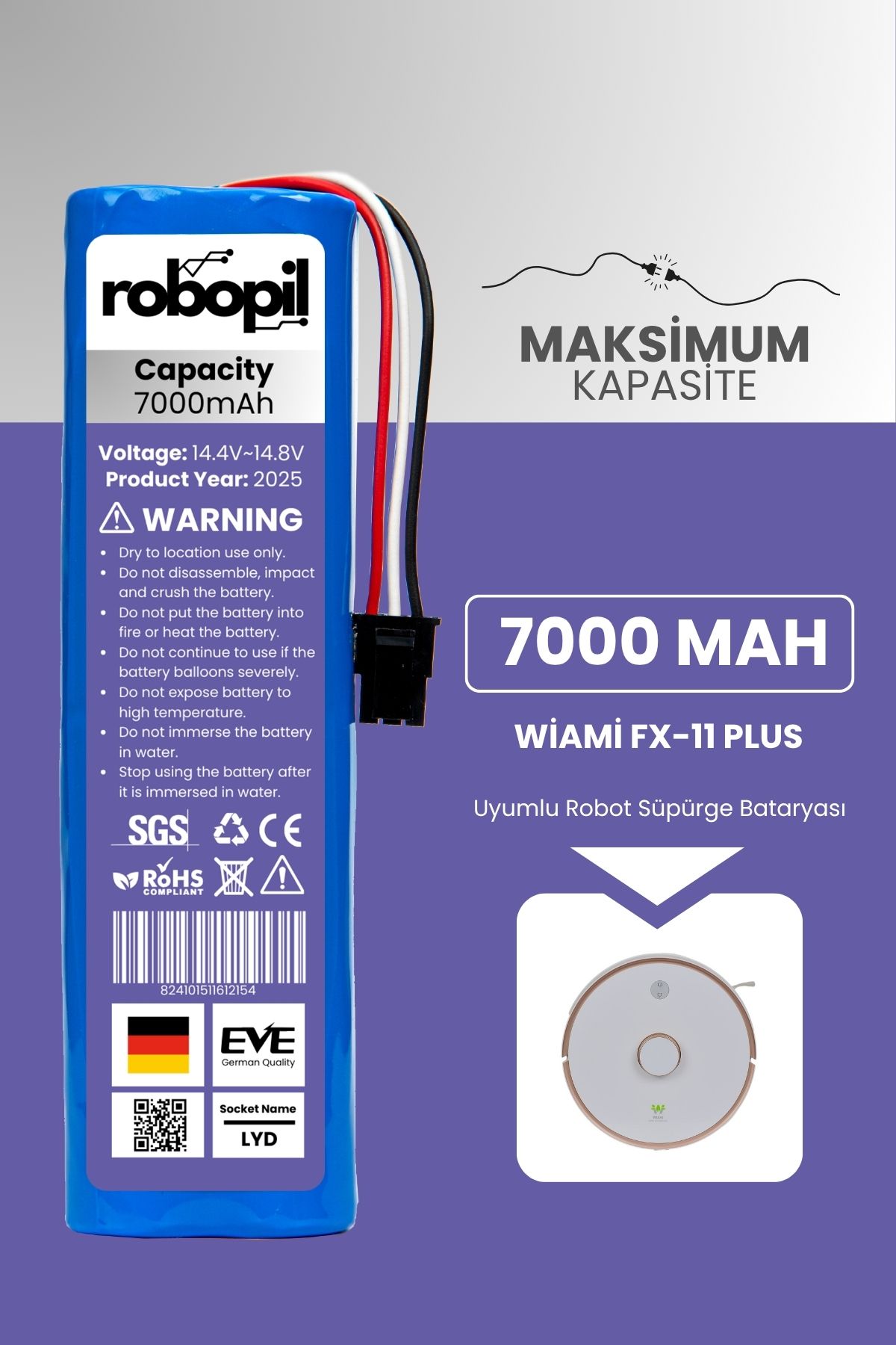 ROBOPİL Wiami Fx-11 Plus Uyumlu Batarya (MAKSİMUM KAPASİTE) 7000mah Pil Robot Süpürge Bataryası Değişimi