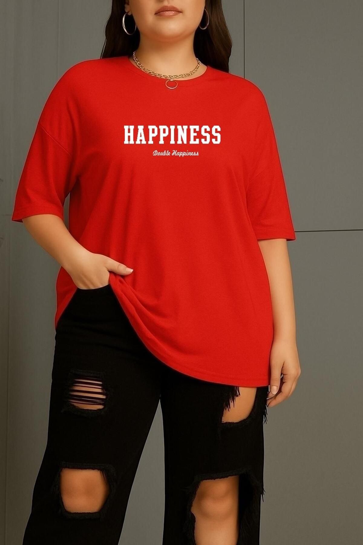 BENROMA BÜYÜK BEDEN HAPPINESS BASKILI UNİSEX TİŞÖRT