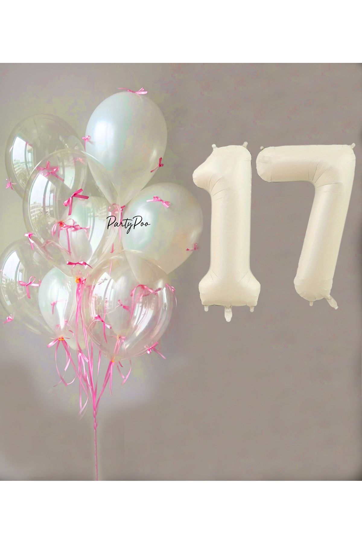 PartyPoo Pembe Fiyonklu Şeffaf Beyaz Balon Seti + Krem Rakam Folyo Balon – 11'li Doğum Günü Parti Süsü