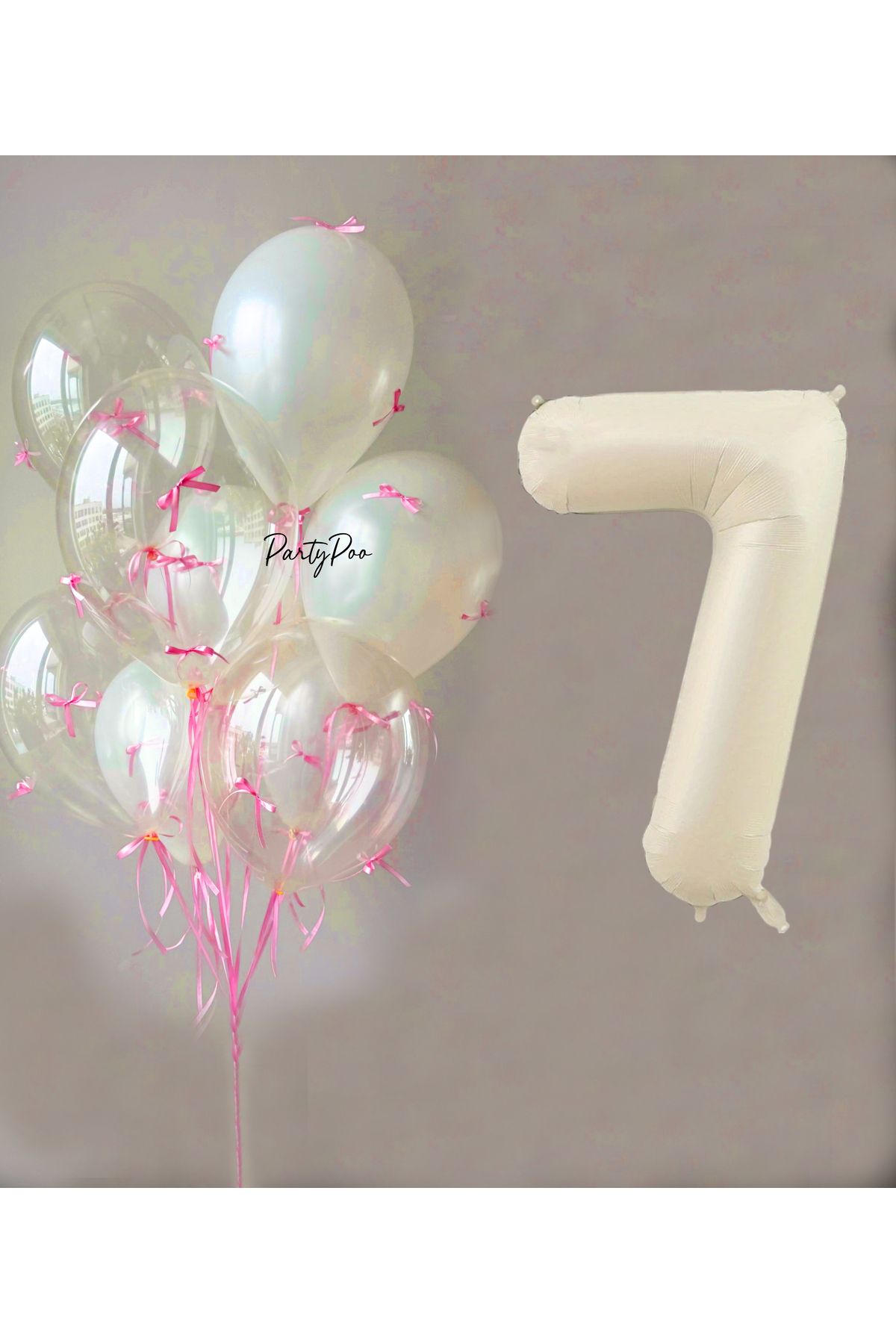 PartyPoo Pembe Fiyonklu Şeffaf Beyaz Balon Seti + Krem Rakam Folyo Balon – 11'li Doğum Günü Parti Süsü